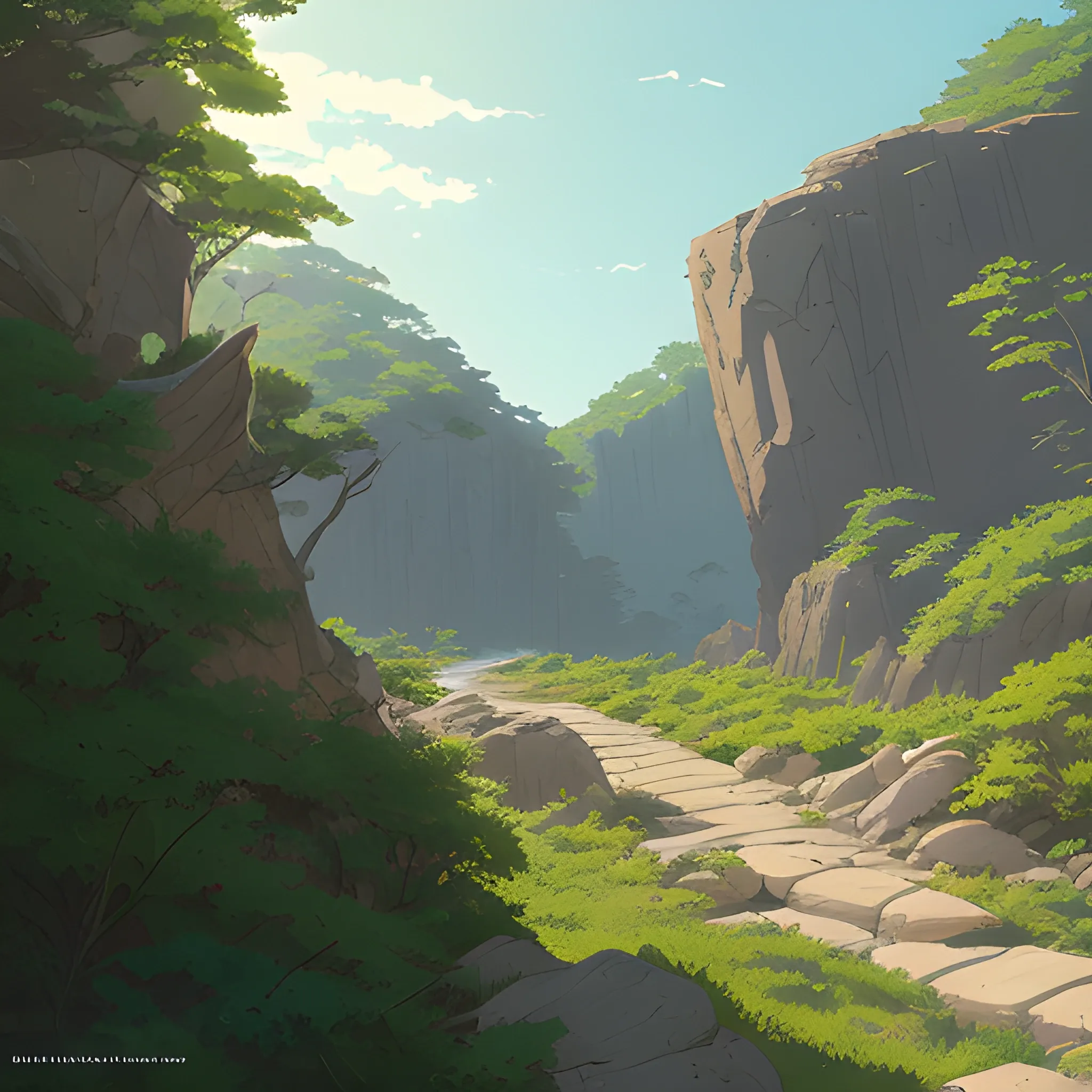 horizontal view with bush and rocks... in the style of makoto shinkai and greg rutkowski and albert bierstadt and james gurney, Cartoon