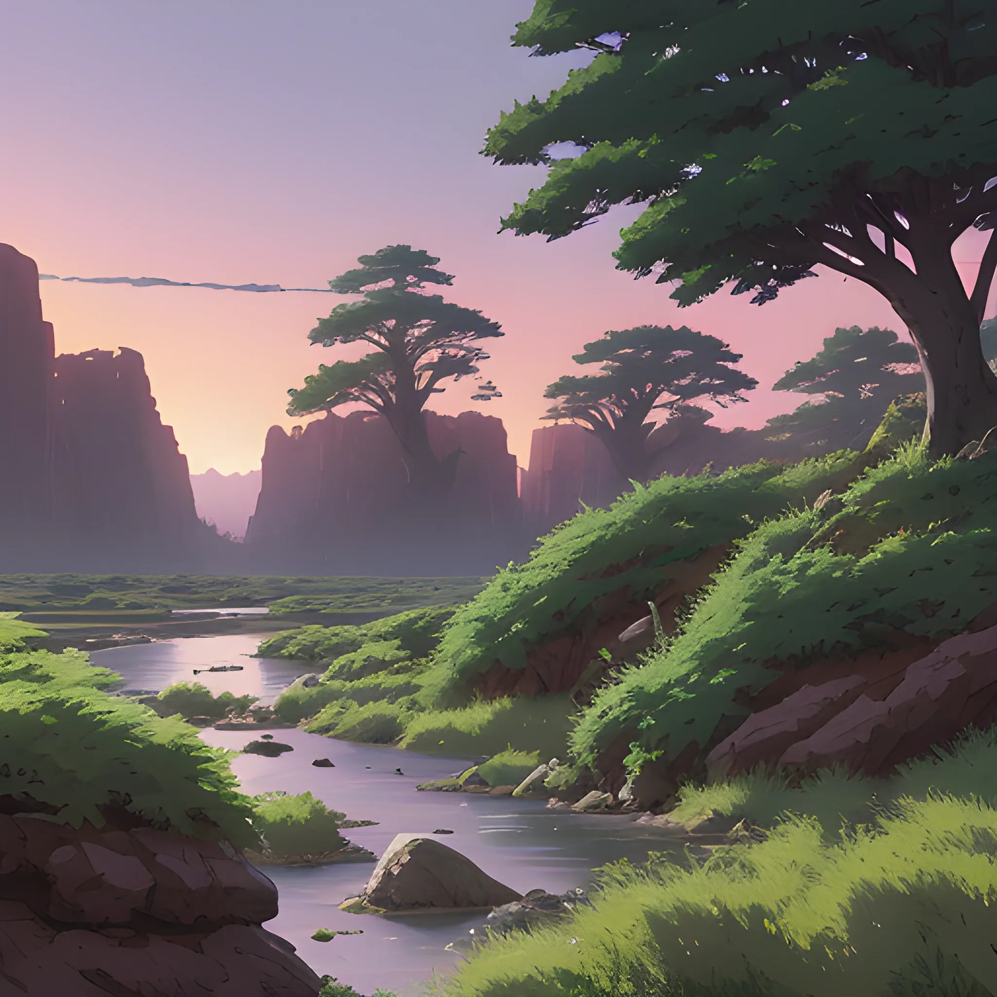 horizontal view with bush and rocks... in the style of makoto shinkai and greg rutkowski and albert bierstadt and james gurney, Cartoon