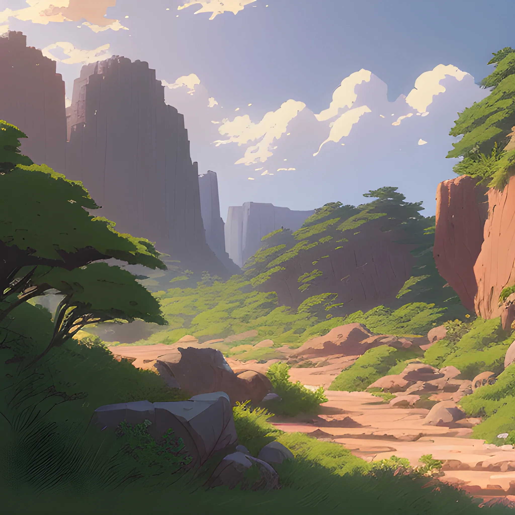 horizontal view with bush and rocks... in the style of makoto shinkai and greg rutkowski and albert bierstadt and james gurney, Cartoon