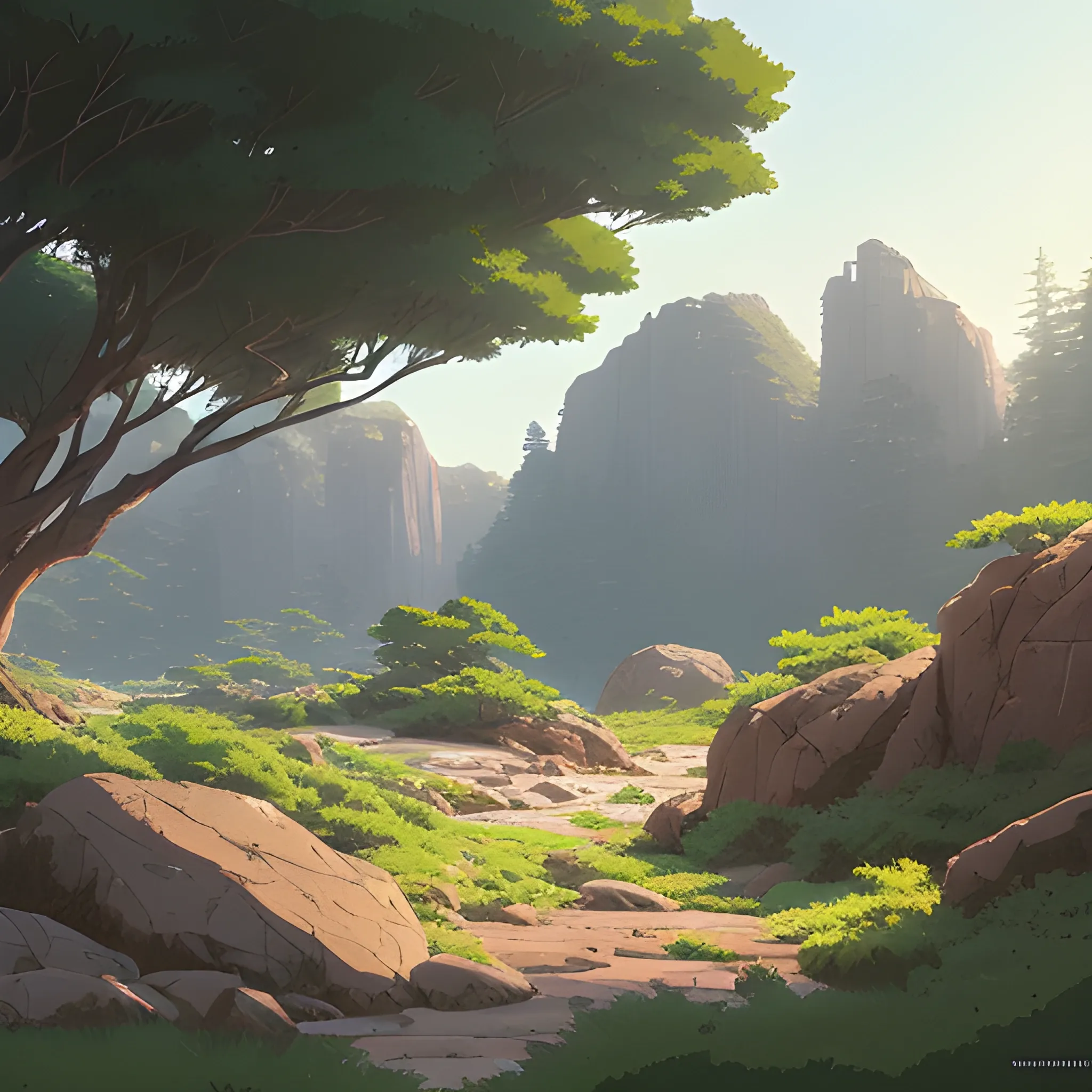 horizontal view with bush and rocks... in the style of makoto shinkai and greg rutkowski and albert bierstadt and james gurney, Cartoon