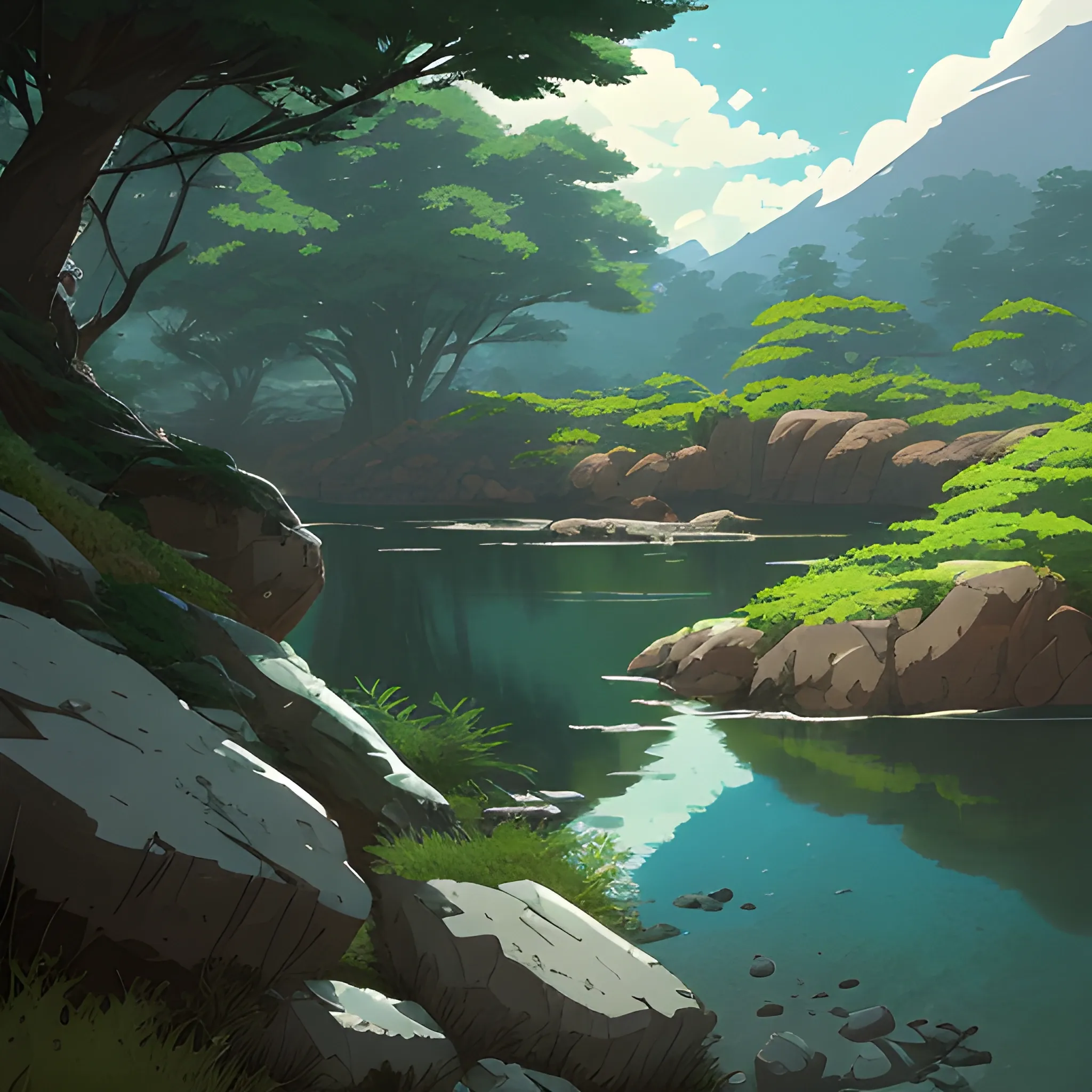 horizontal view with bush and rocks... in the style of makoto shinkai and greg rutkowski and albert bierstadt and james gurney, Cartoon