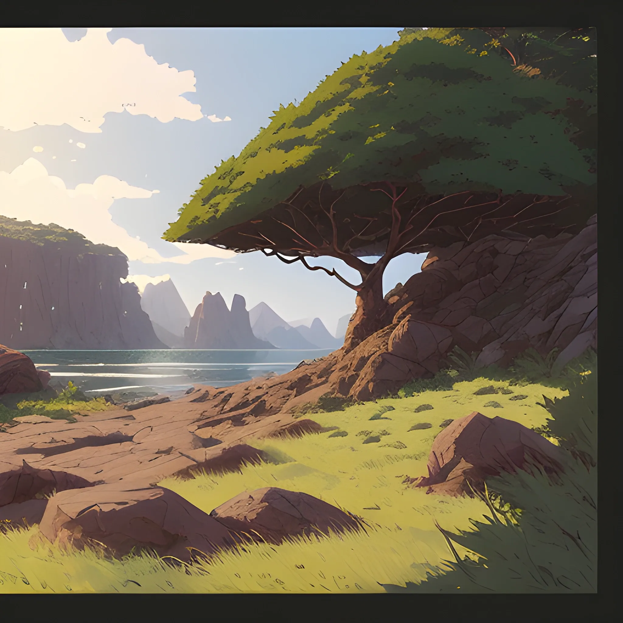 horizontal view with bush and rocks... in the style of makoto shinkai and greg rutkowski and albert bierstadt and james gurney, Cartoon