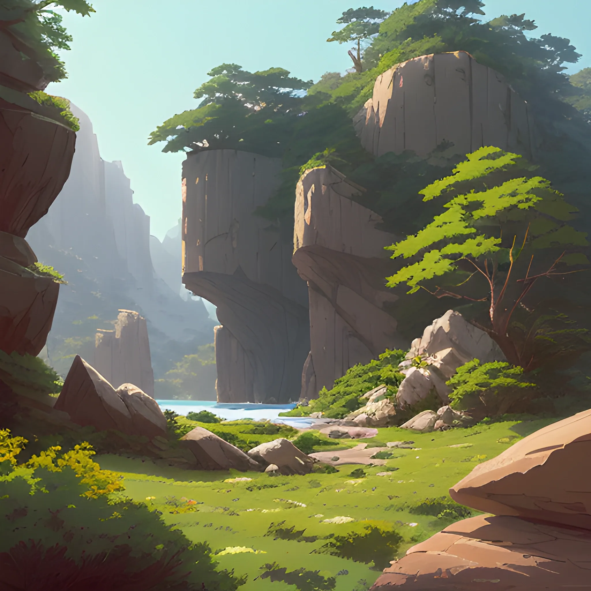 horizontal view with bush and rocks... in the style of makoto shinkai and greg rutkowski and albert bierstadt and james gurney, Cartoon