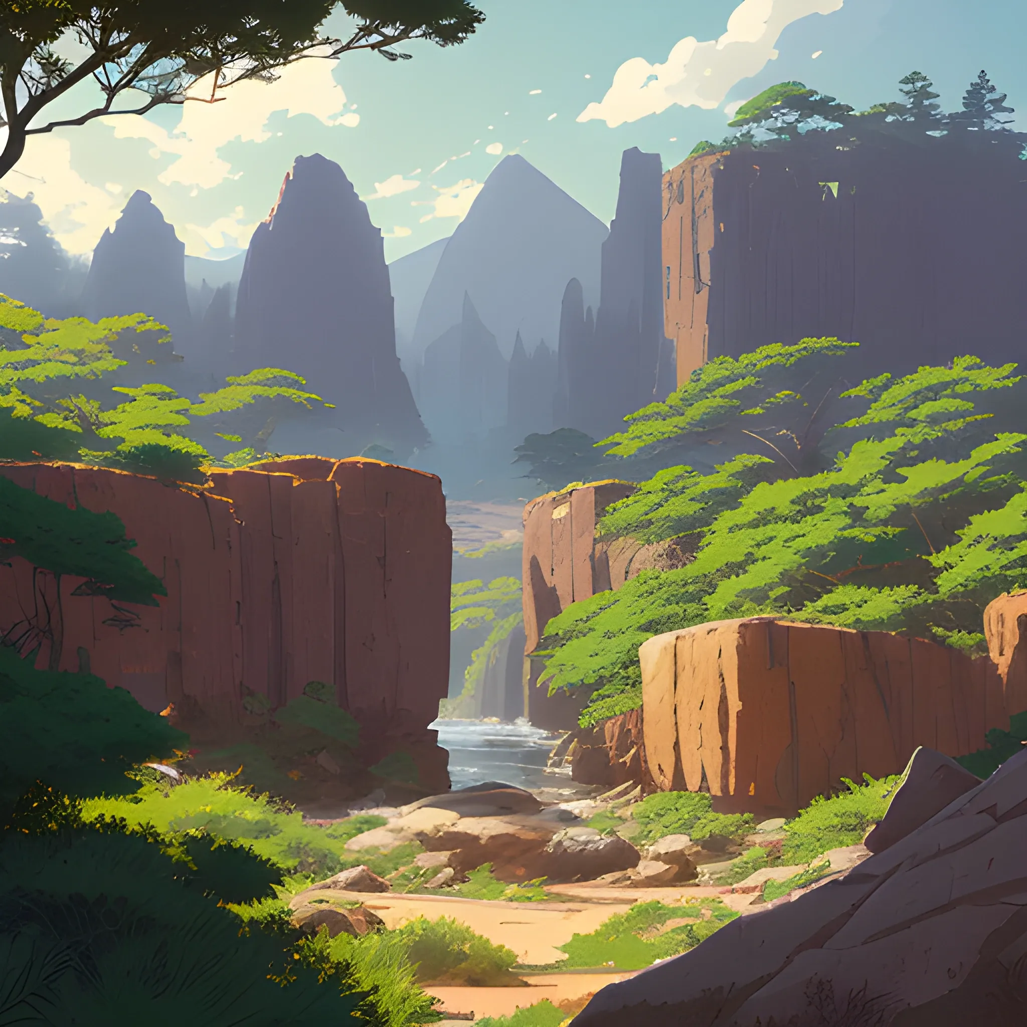 horizontal view with bush and rocks... in the style of makoto shinkai and greg rutkowski and albert bierstadt and james gurney, Cartoon