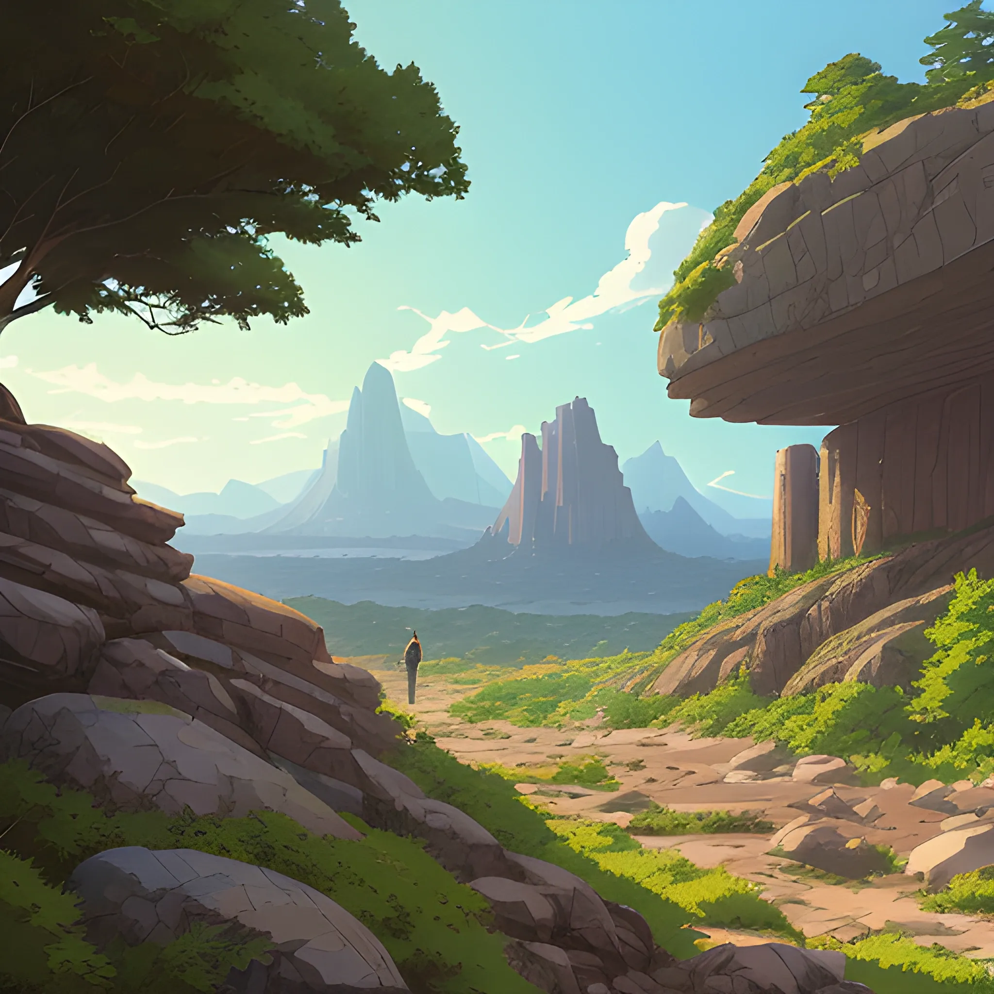 horizontal view with bush and rocks... in the style of makoto shinkai and greg rutkowski and albert bierstadt and james gurney, Cartoon