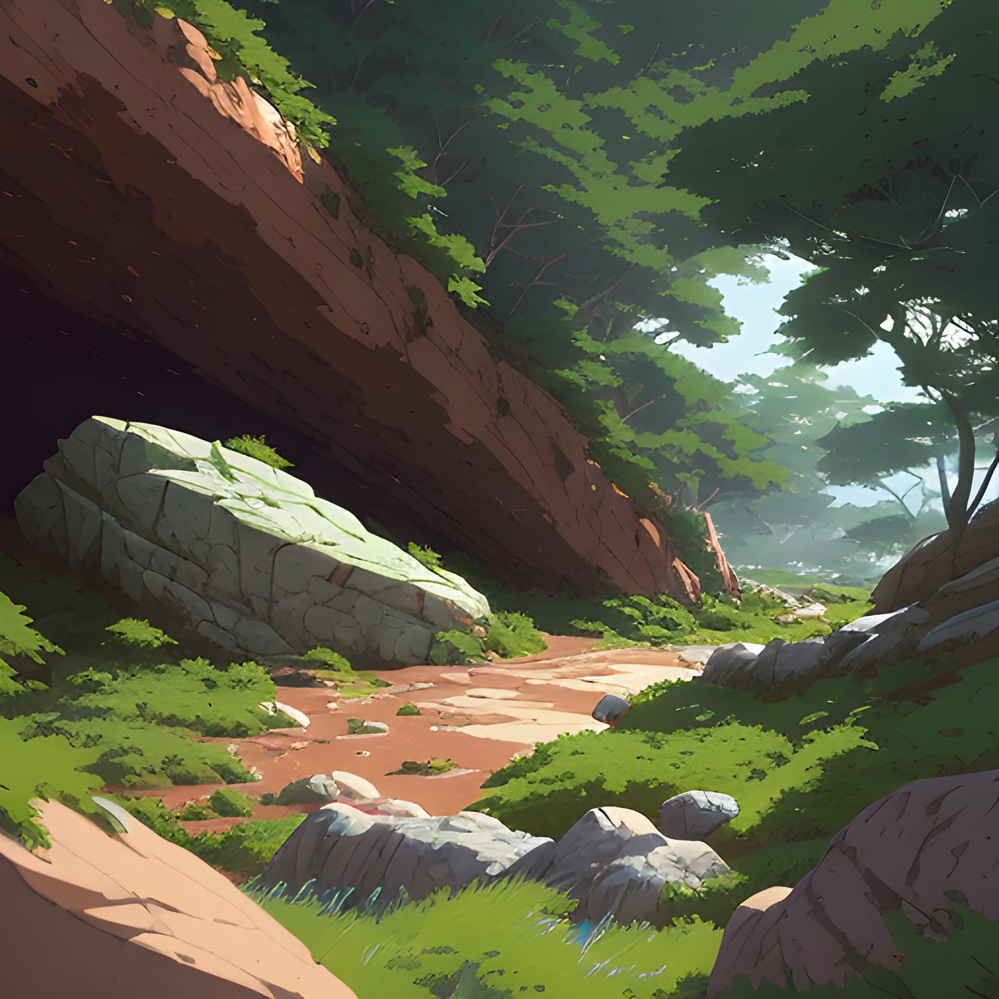 horizontal view with bush and rocks... in the style of makoto shinkai and greg rutkowski and albert bierstadt and james gurney, Cartoon