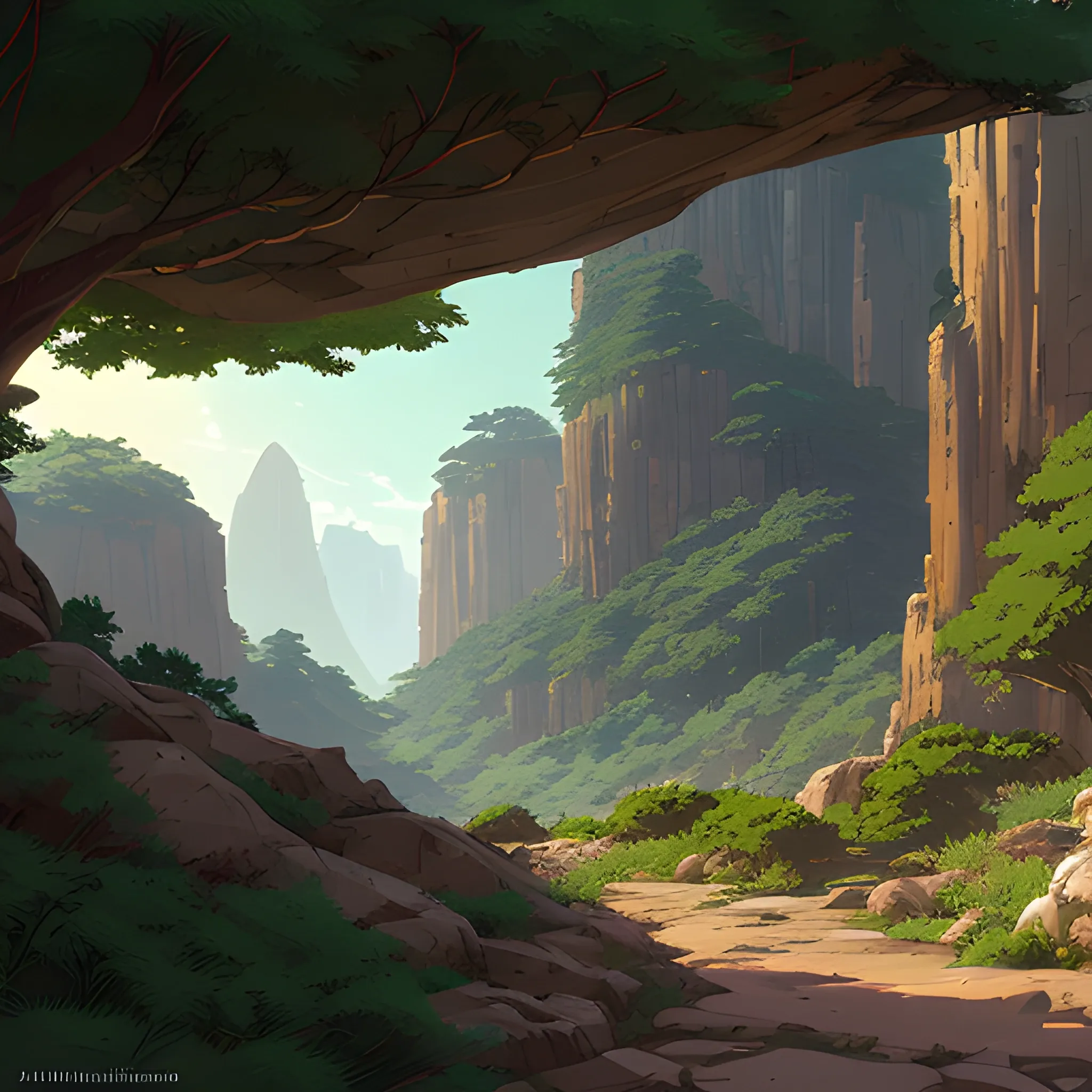 horizontal view with bush and rocks... in the style of makoto shinkai and greg rutkowski and albert bierstadt and james gurney, Cartoon