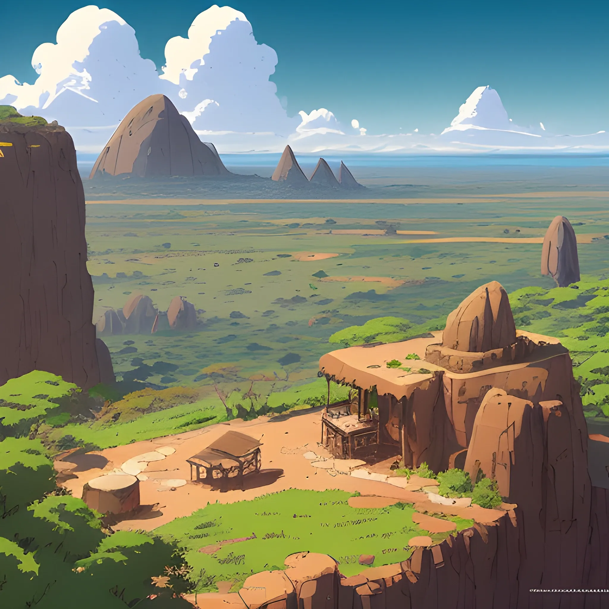 top view, african landscape, mountain with brush, electric poles, with giants rocks... in the style of makoto shinkai and greg rutkowski and albert bierstadt and james gurney, Cartoon