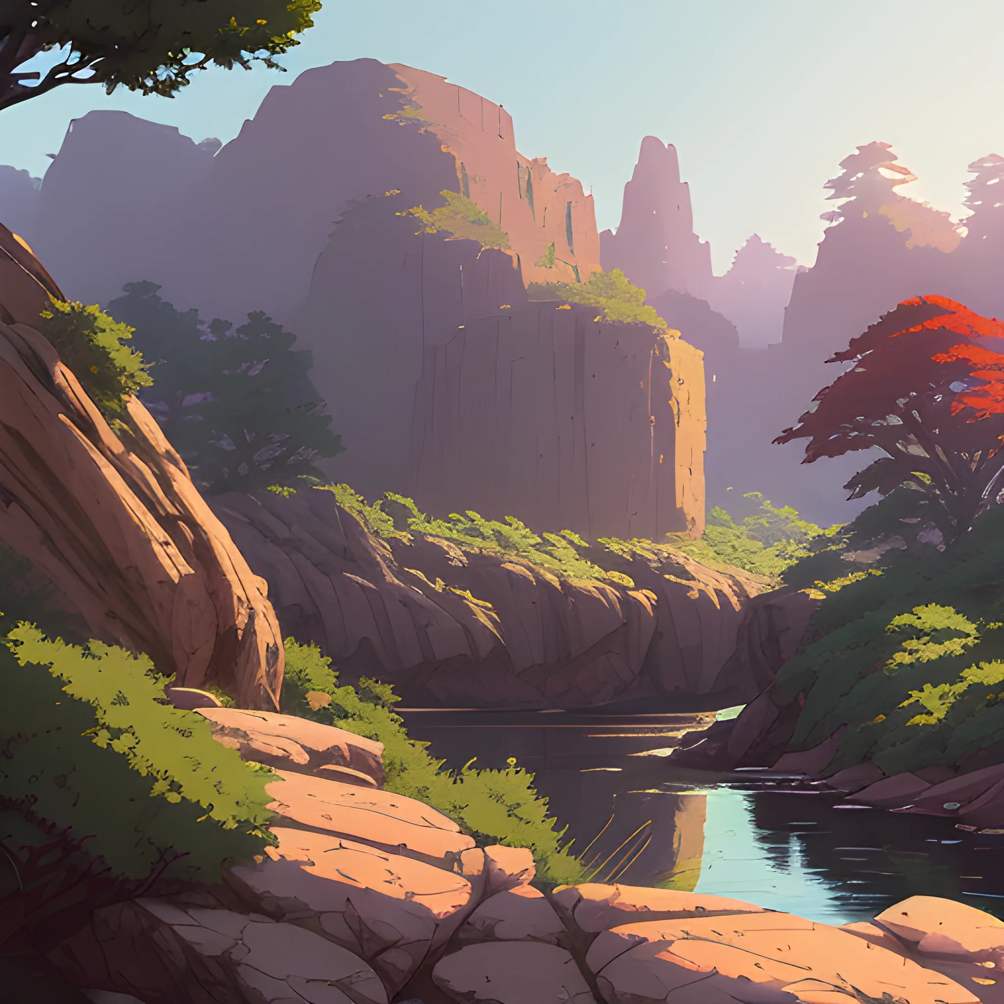 horizontal view with bush and rocks... in the style of makoto shinkai and greg rutkowski and albert bierstadt and james gurney, Cartoon