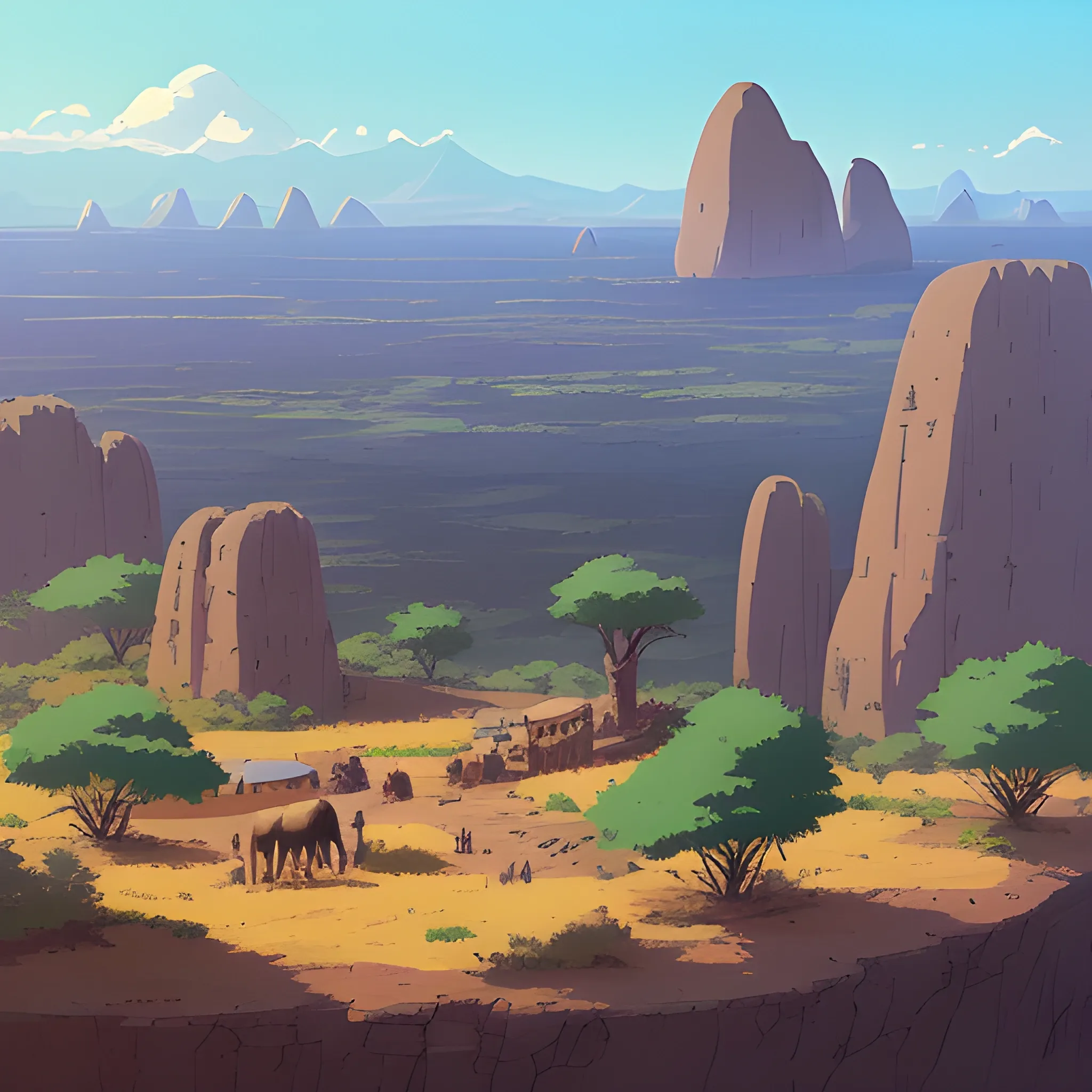 top view, african landscape, mountain with brush, electric poles, with giants rocks... in the style of makoto shinkai and greg rutkowski and albert bierstadt and james gurney, Cartoon