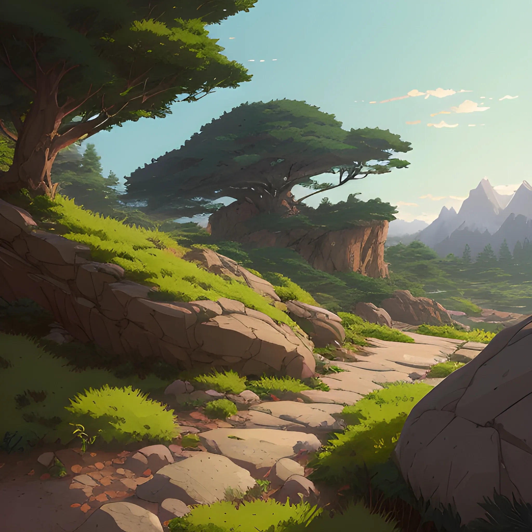 horizontal view with bush and rocks... in the style of makoto shinkai and greg rutkowski and albert bierstadt and james gurney, Cartoon