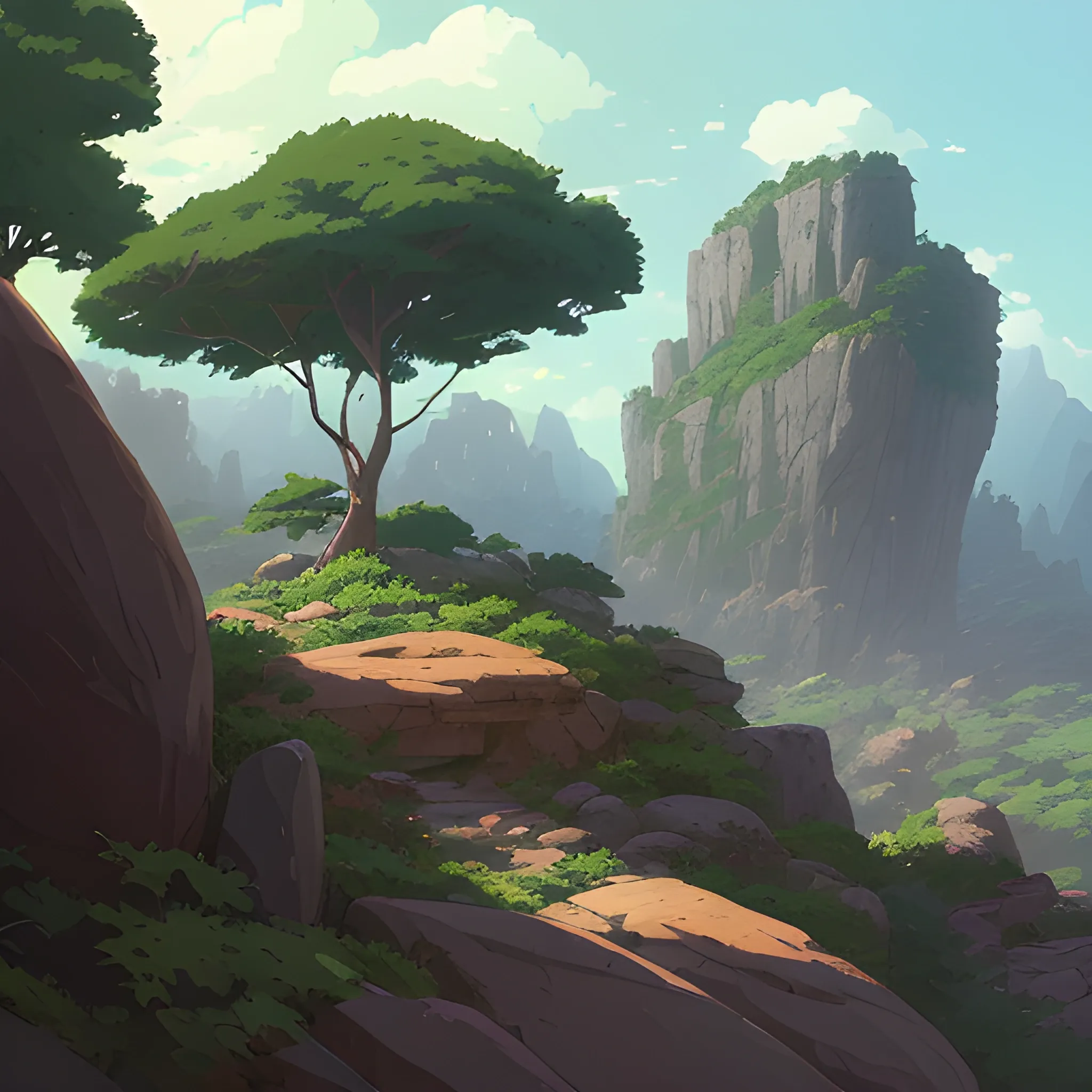 horizontal view with bush and rocks... in the style of makoto shinkai and greg rutkowski and albert bierstadt and james gurney, Cartoon