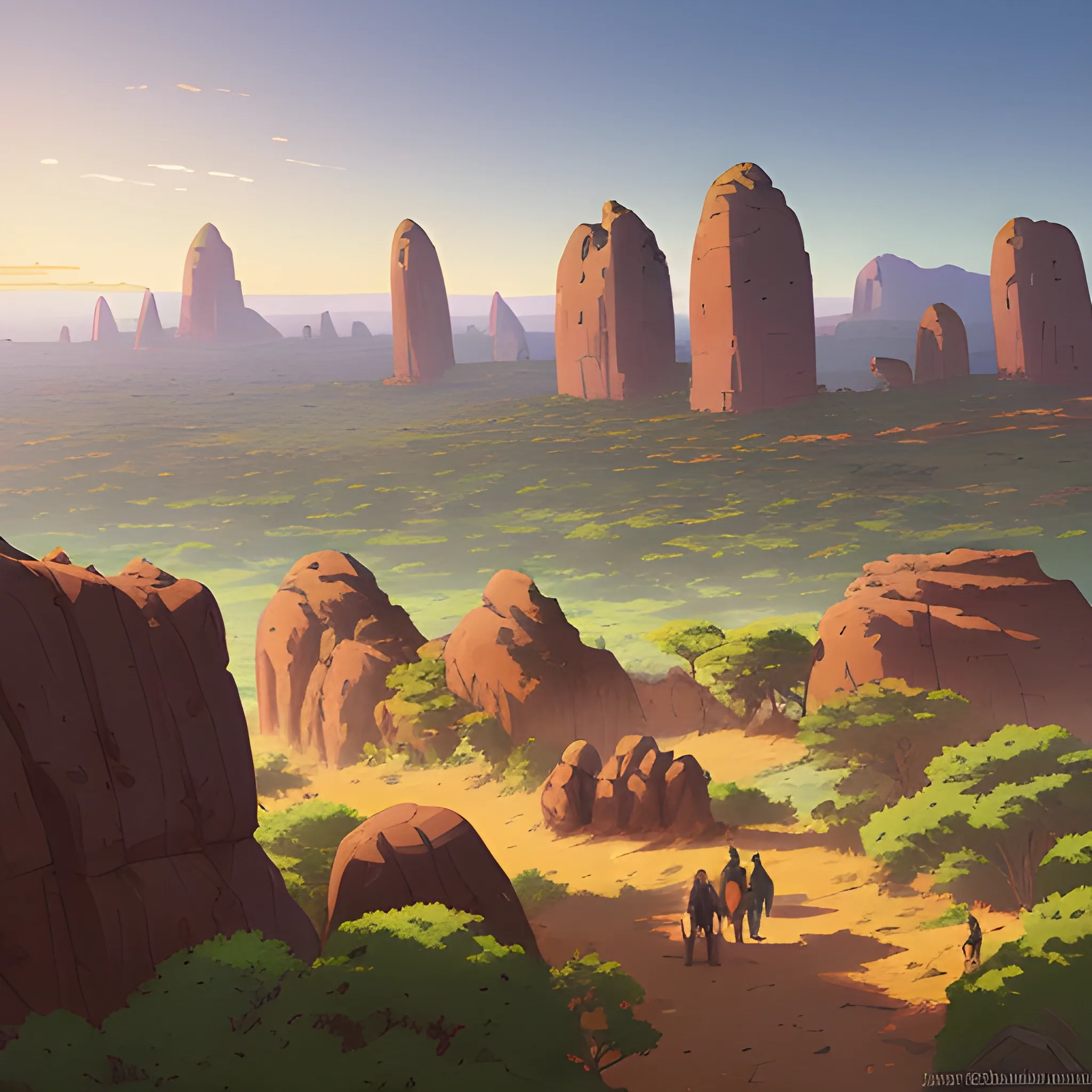 top view, african landscape, mountain with brush, with giants rocks... in the style of makoto shinkai and greg rutkowski and albert bierstadt and james gurney, Cartoon