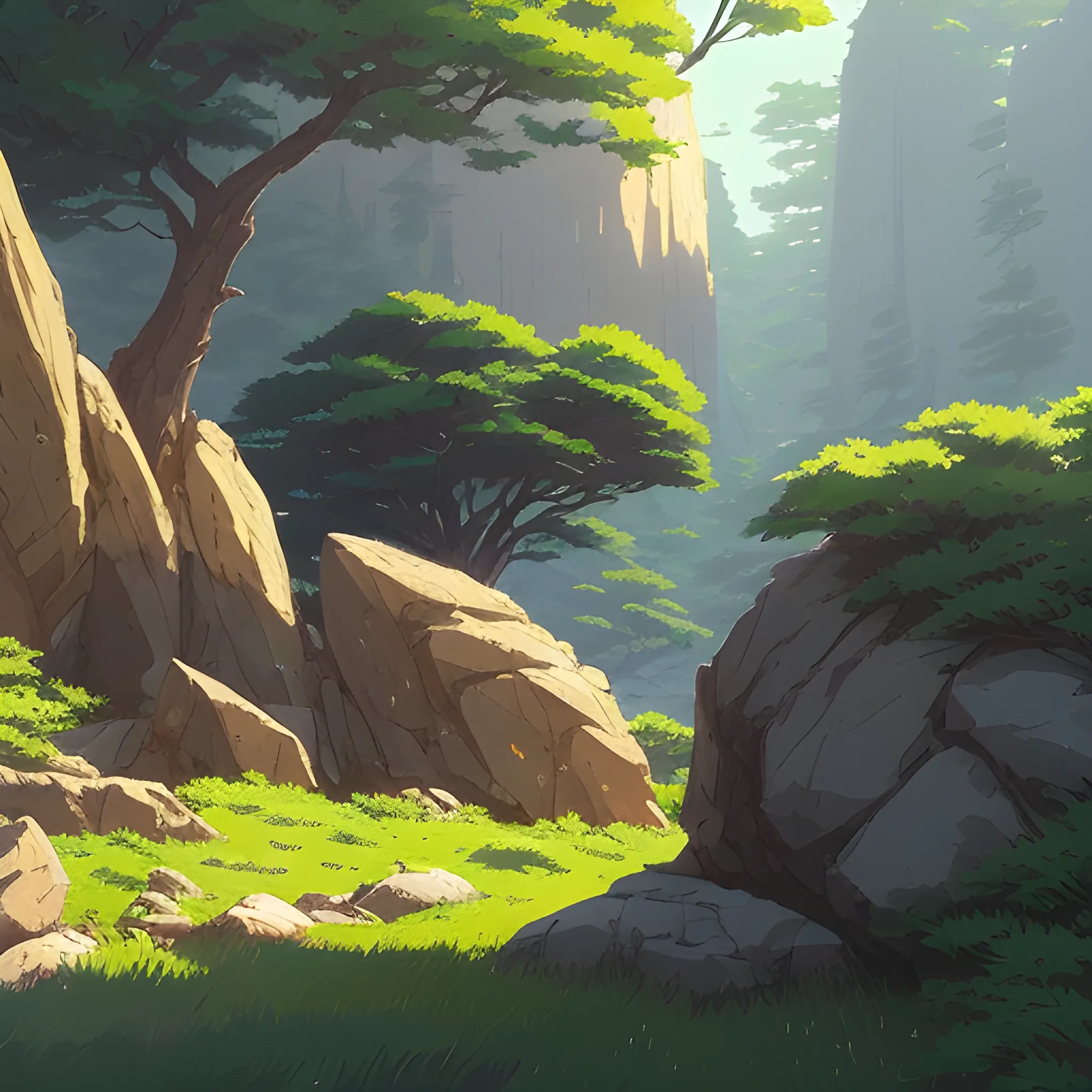 horizontal view with bush and rocks... in the style of makoto shinkai and greg rutkowski and albert bierstadt and james gurney, Cartoon