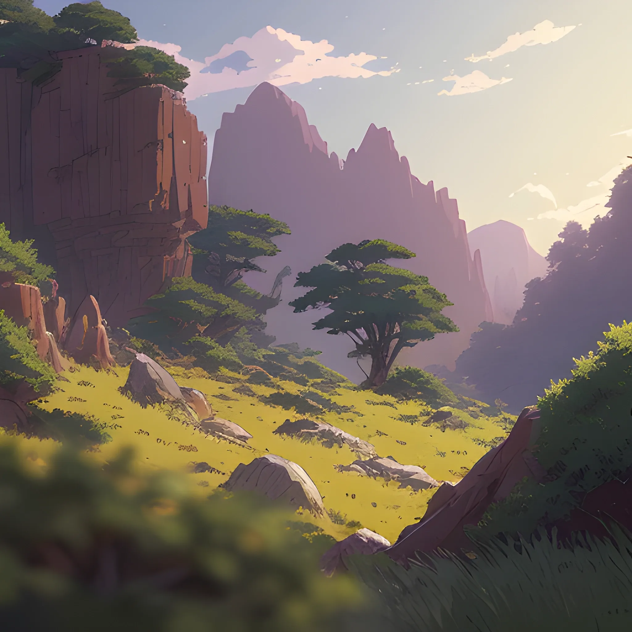 horizontal view with bush and rocks... in the style of makoto shinkai and greg rutkowski and albert bierstadt and james gurney, Cartoon