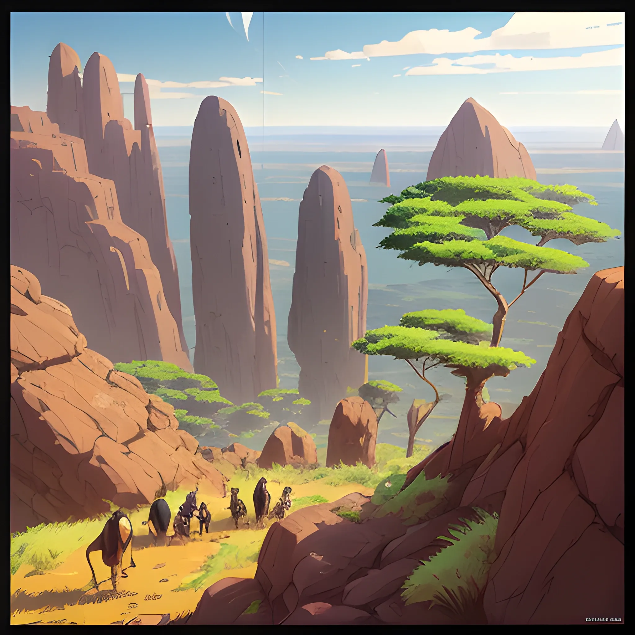 top view, african landscape, mountain with brush, with giants rocks... in the style of makoto shinkai and greg rutkowski and albert bierstadt and james gurney, Cartoon