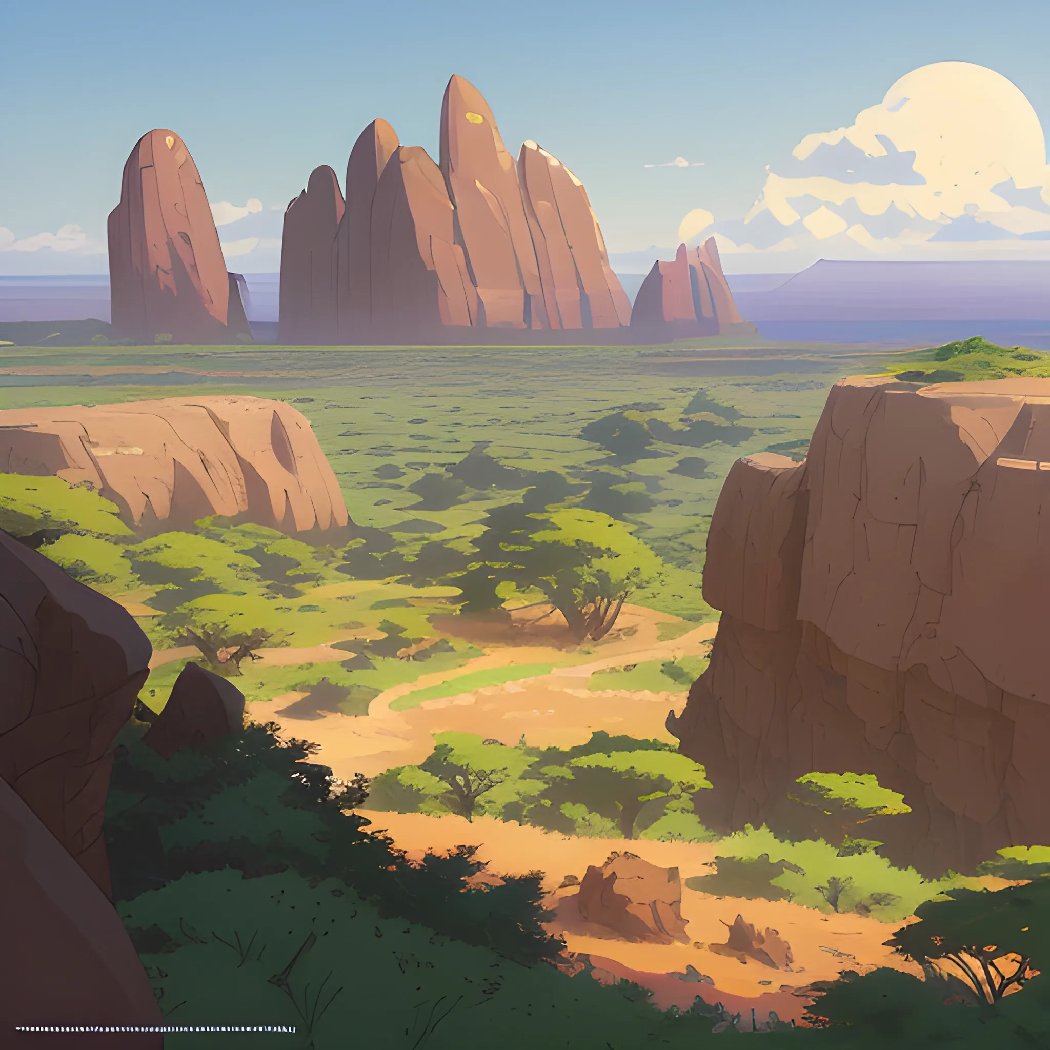 top view, african landscape, mountain with brush, with giants rocks... in the style of makoto shinkai and greg rutkowski and albert bierstadt and james gurney, Cartoon