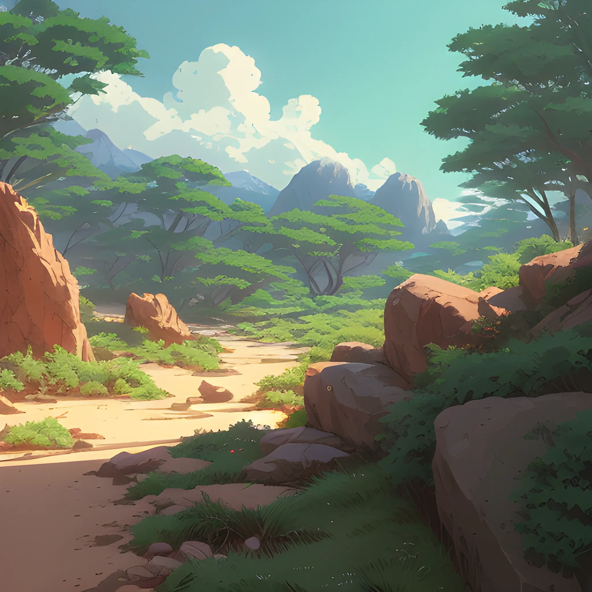 horizontal view with bush and rocks... in the style of makoto shinkai and greg rutkowski and albert bierstadt and james gurney, Cartoon