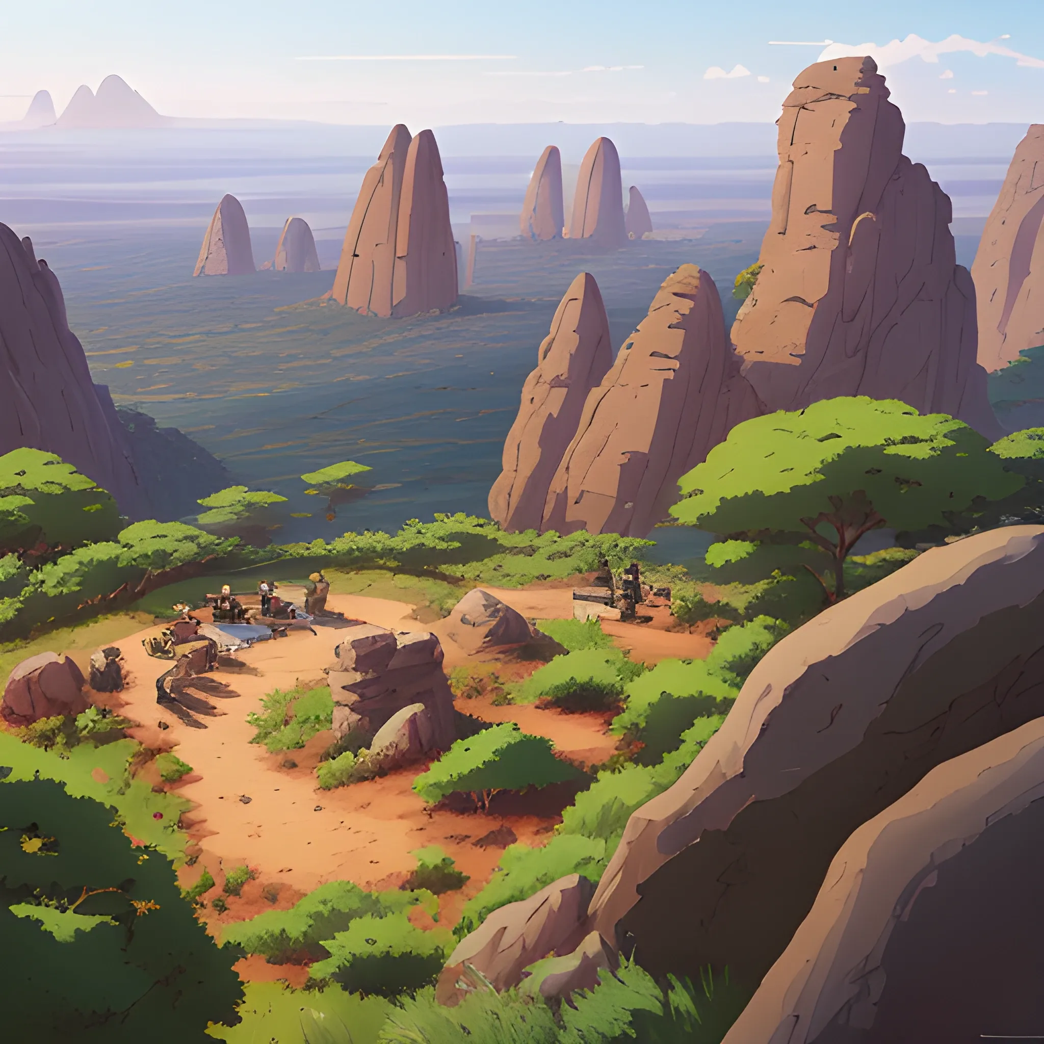 top view, african landscape, mountain with brush, with giants rocks... in the style of makoto shinkai and greg rutkowski and albert bierstadt and james gurney, Cartoon