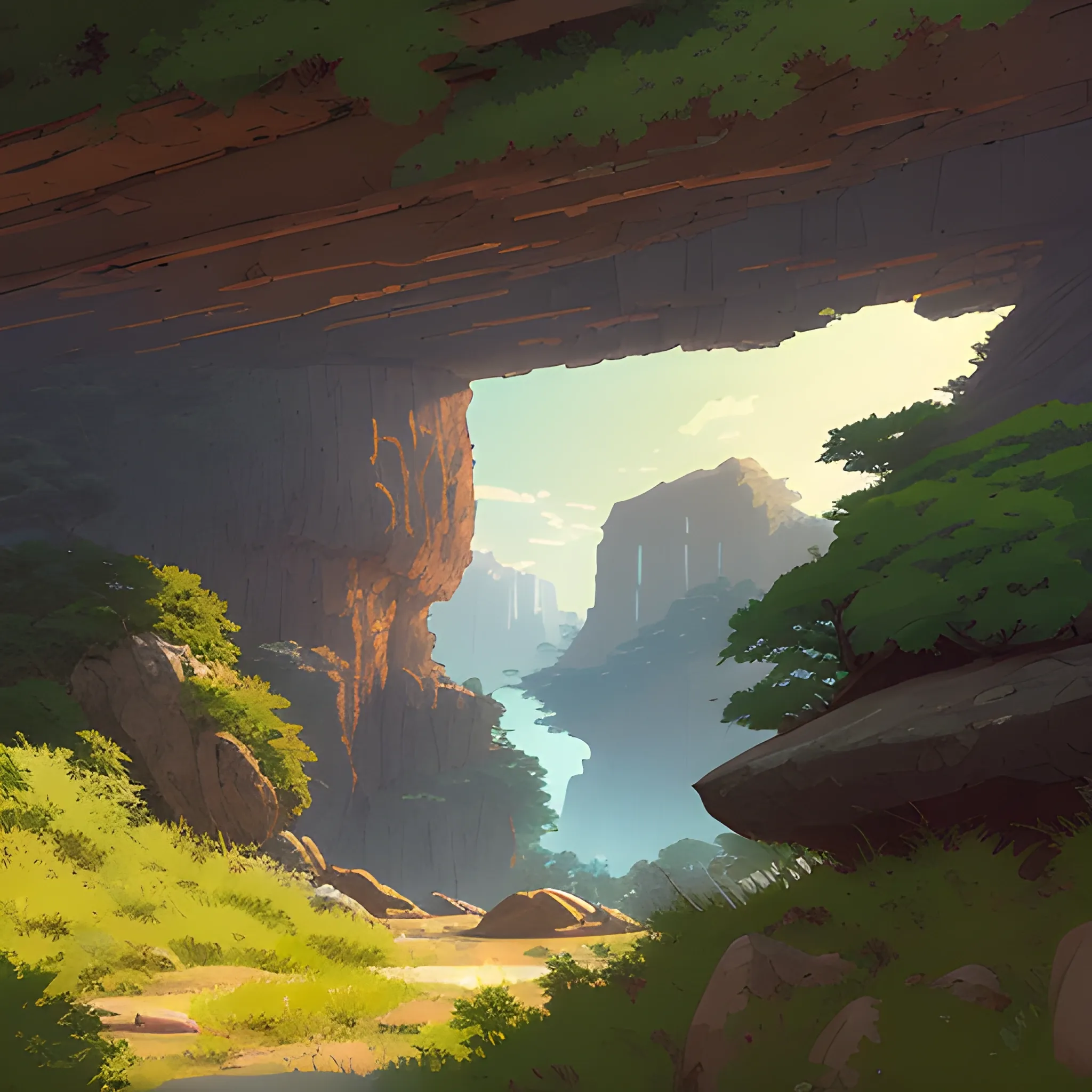 horizontal view with bush and rocks... in the style of makoto shinkai and greg rutkowski and albert bierstadt and james gurney, Cartoon