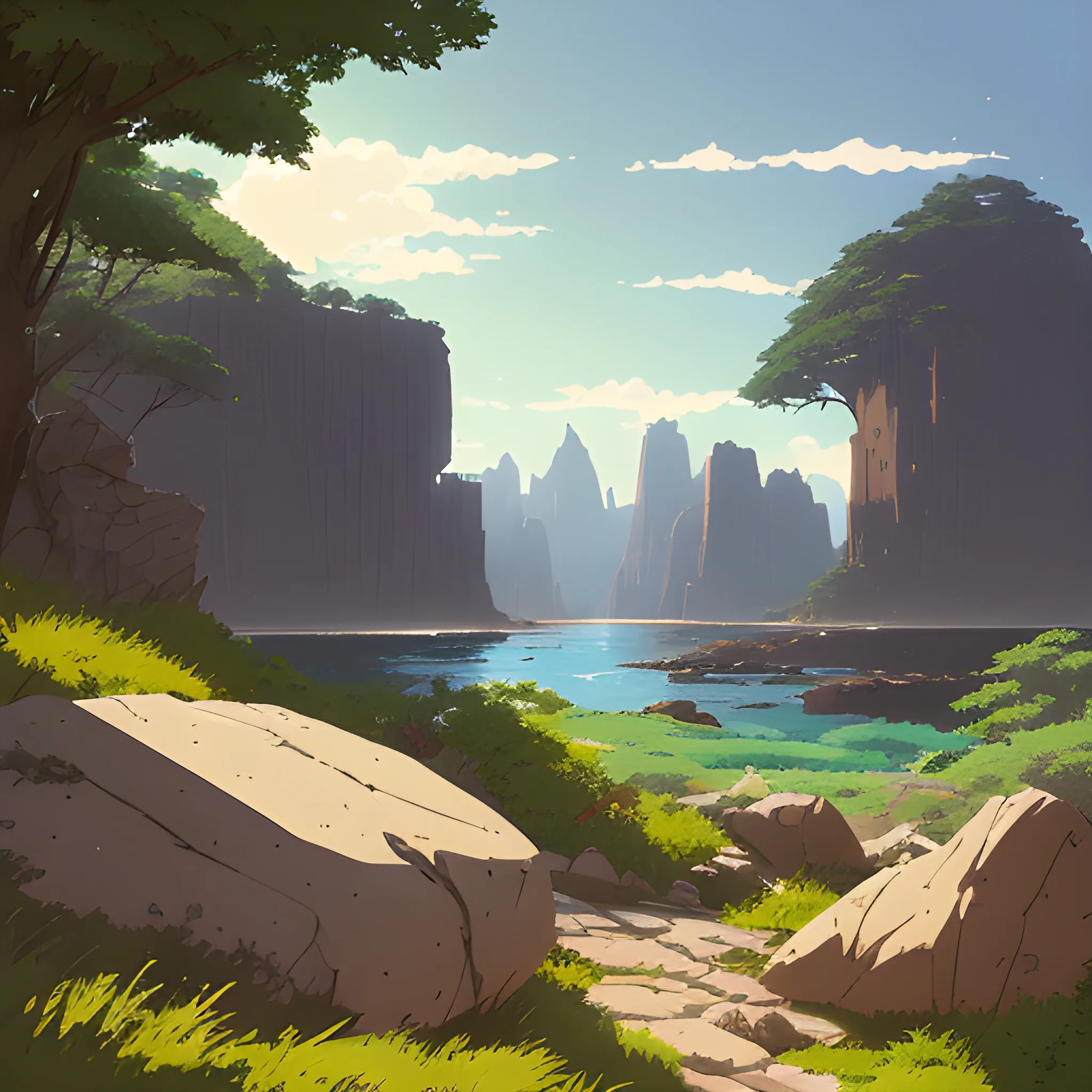 horizontal view with bush and rocks... in the style of makoto shinkai and greg rutkowski and albert bierstadt and james gurney, Cartoon