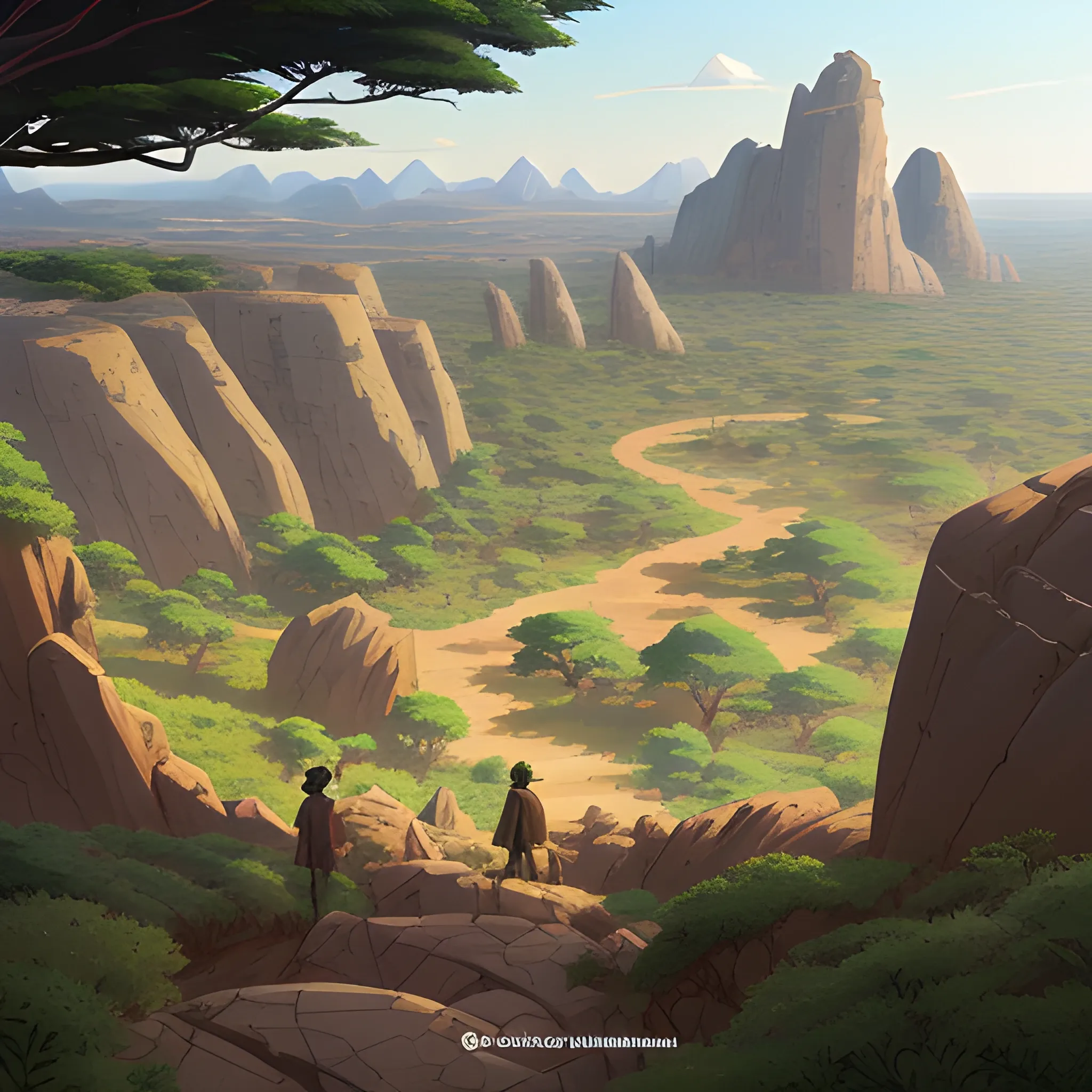 top view, african landscape, mountain with brush, with giants rocks... in the style of makoto shinkai and greg rutkowski and albert bierstadt and james gurney, Cartoon