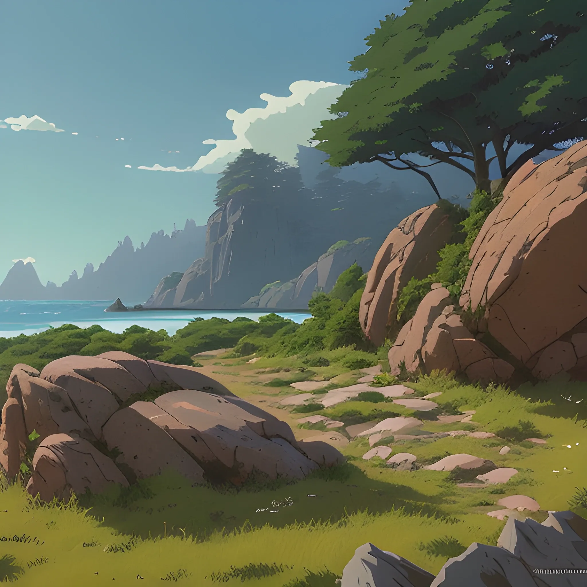 horizontal view with bush and rocks... in the style of makoto shinkai and greg rutkowski and albert bierstadt and james gurney, Cartoon