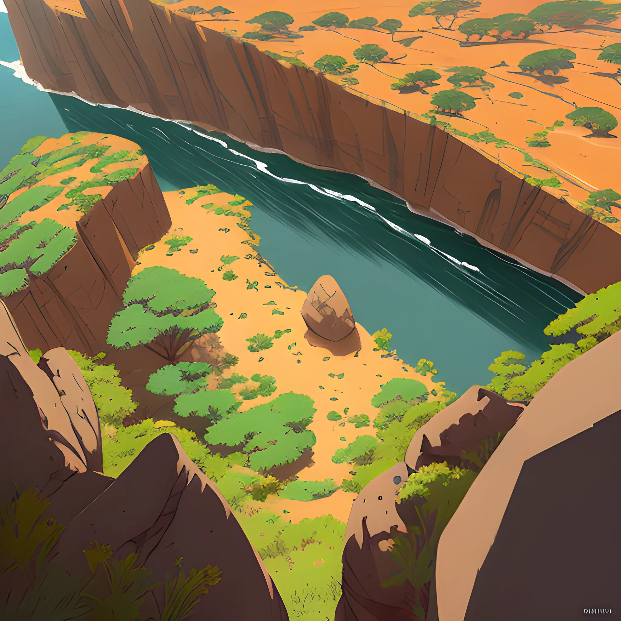 top view, african landscape, mountain with brush, with giants rocks... in the style of makoto shinkai and greg rutkowski and albert bierstadt and james gurney, Cartoon