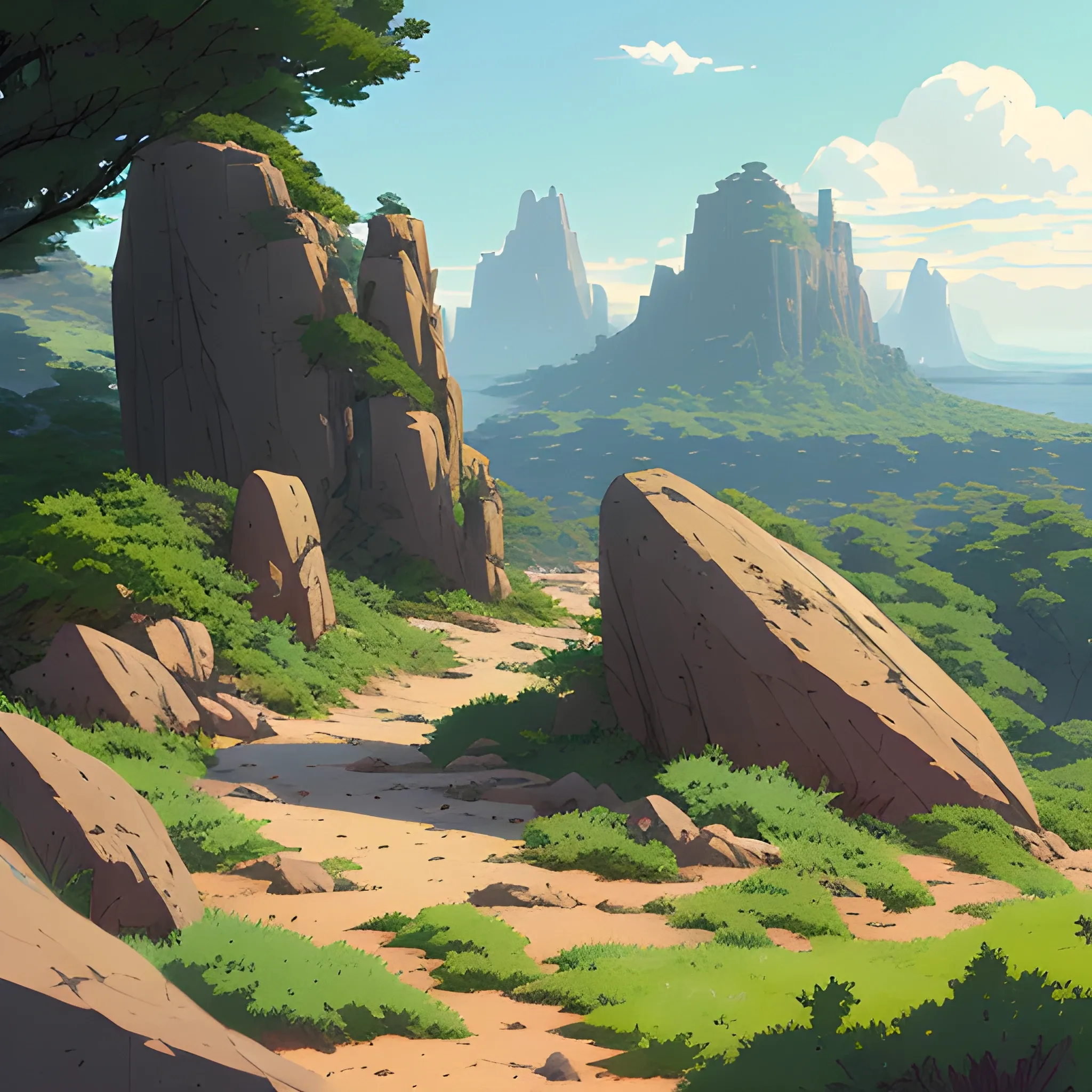 horizontal view with bush and rocks... in the style of makoto shinkai and greg rutkowski and albert bierstadt and james gurney, Cartoon