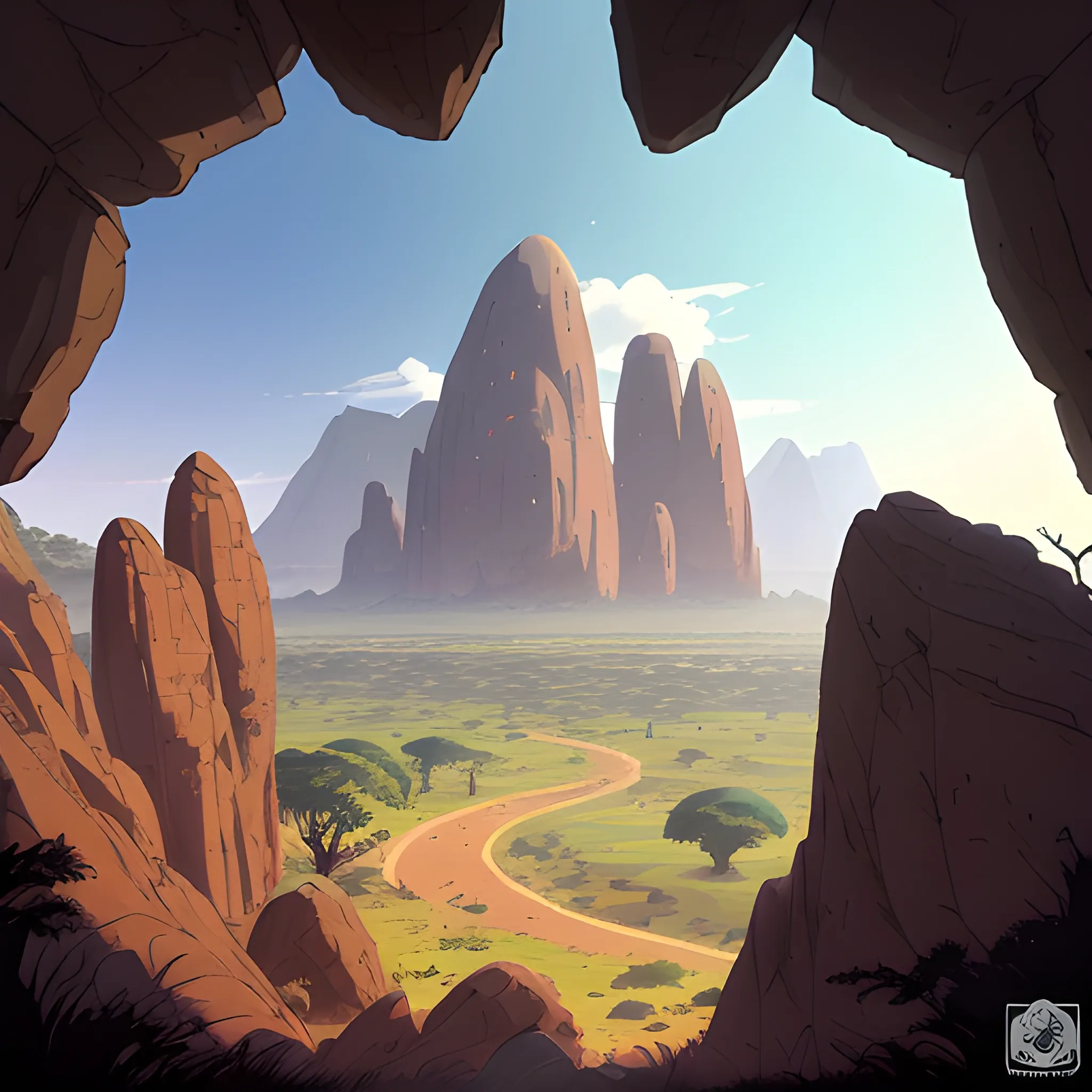 top view, african landscape, mountain with brush, with giants rocks... in the style of makoto shinkai and greg rutkowski and albert bierstadt and james gurney, Cartoon