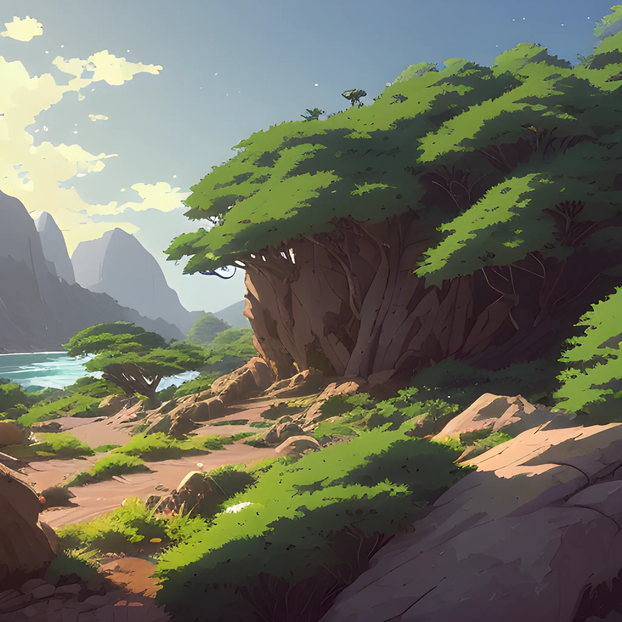 horizontal view with bush and rocks... in the style of makoto shinkai and greg rutkowski and albert bierstadt and james gurney, Cartoon