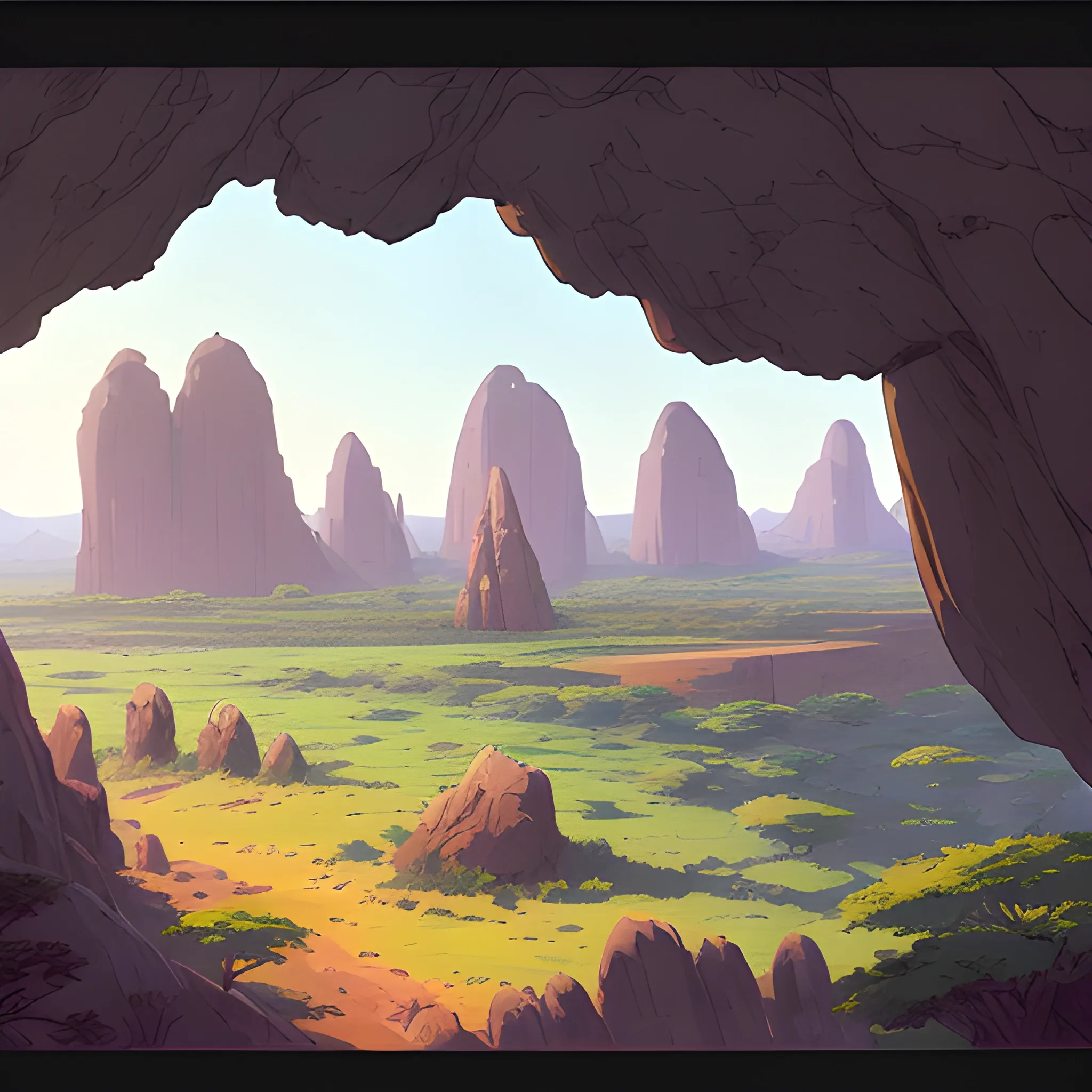 top view, african landscape, mountain with brush, with giants rocks... in the style of makoto shinkai and greg rutkowski and albert bierstadt and james gurney, Cartoon