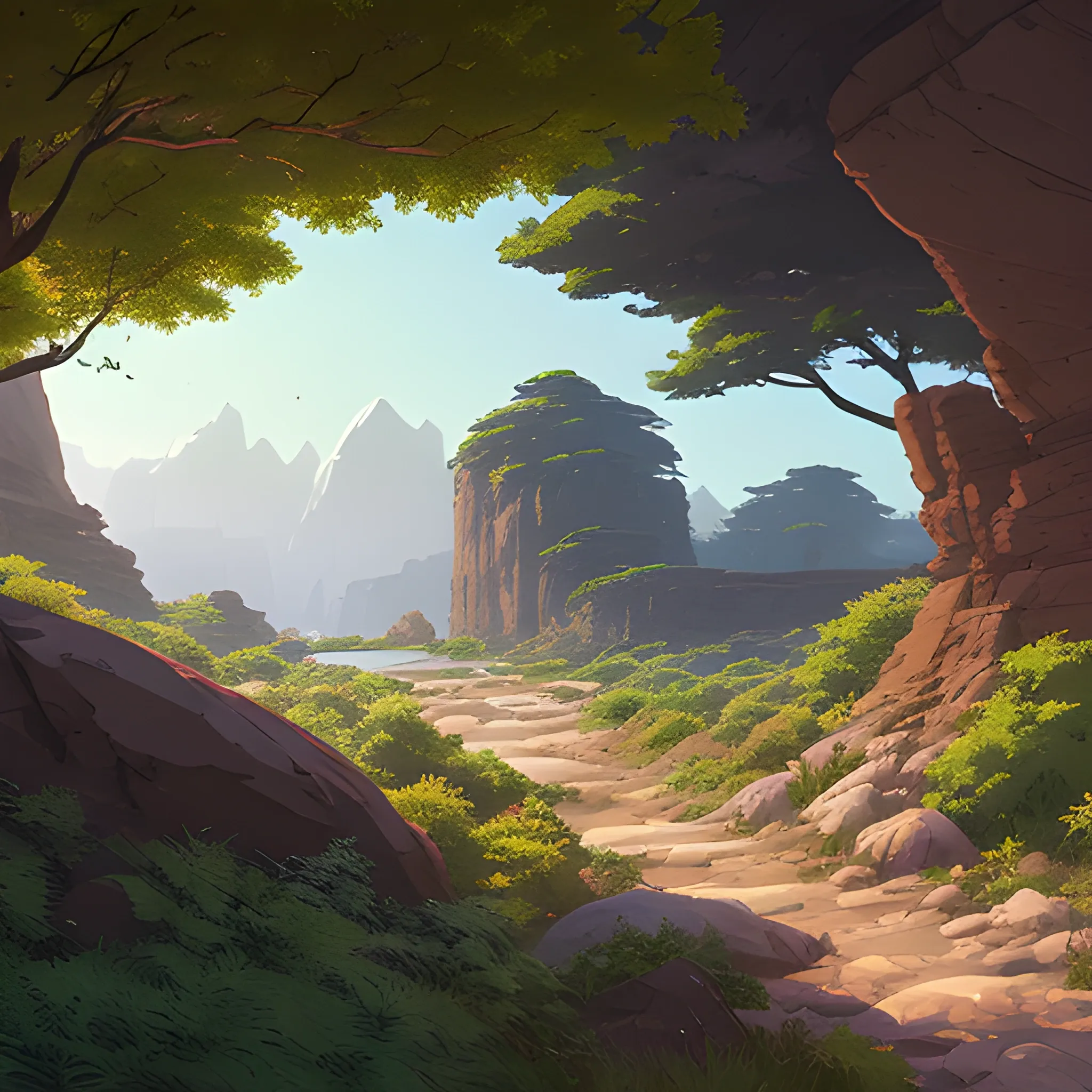 horizontal view with bush and rocks... in the style of makoto shinkai and greg rutkowski and albert bierstadt and james gurney, Cartoon