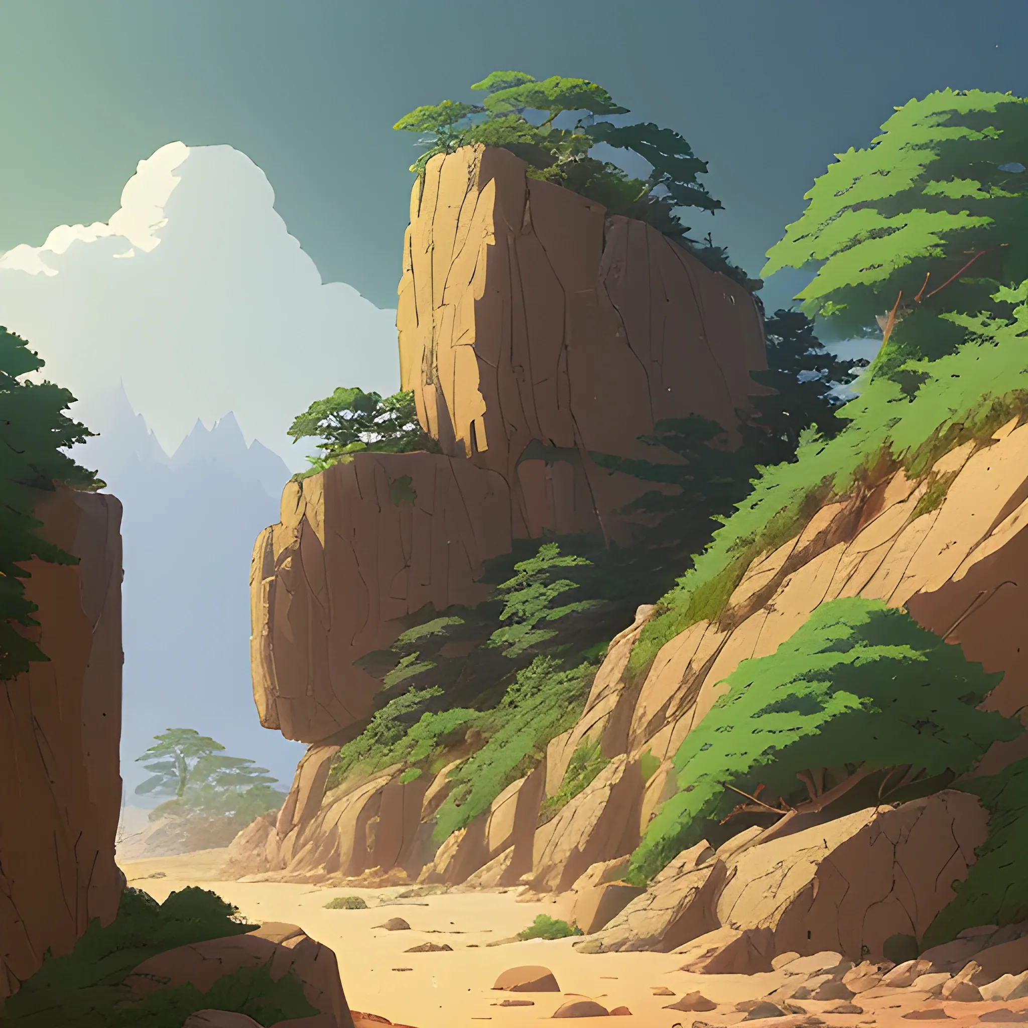 horizontal view with bush and rocks... in the style of makoto shinkai and greg rutkowski and albert bierstadt and james gurney, Cartoon