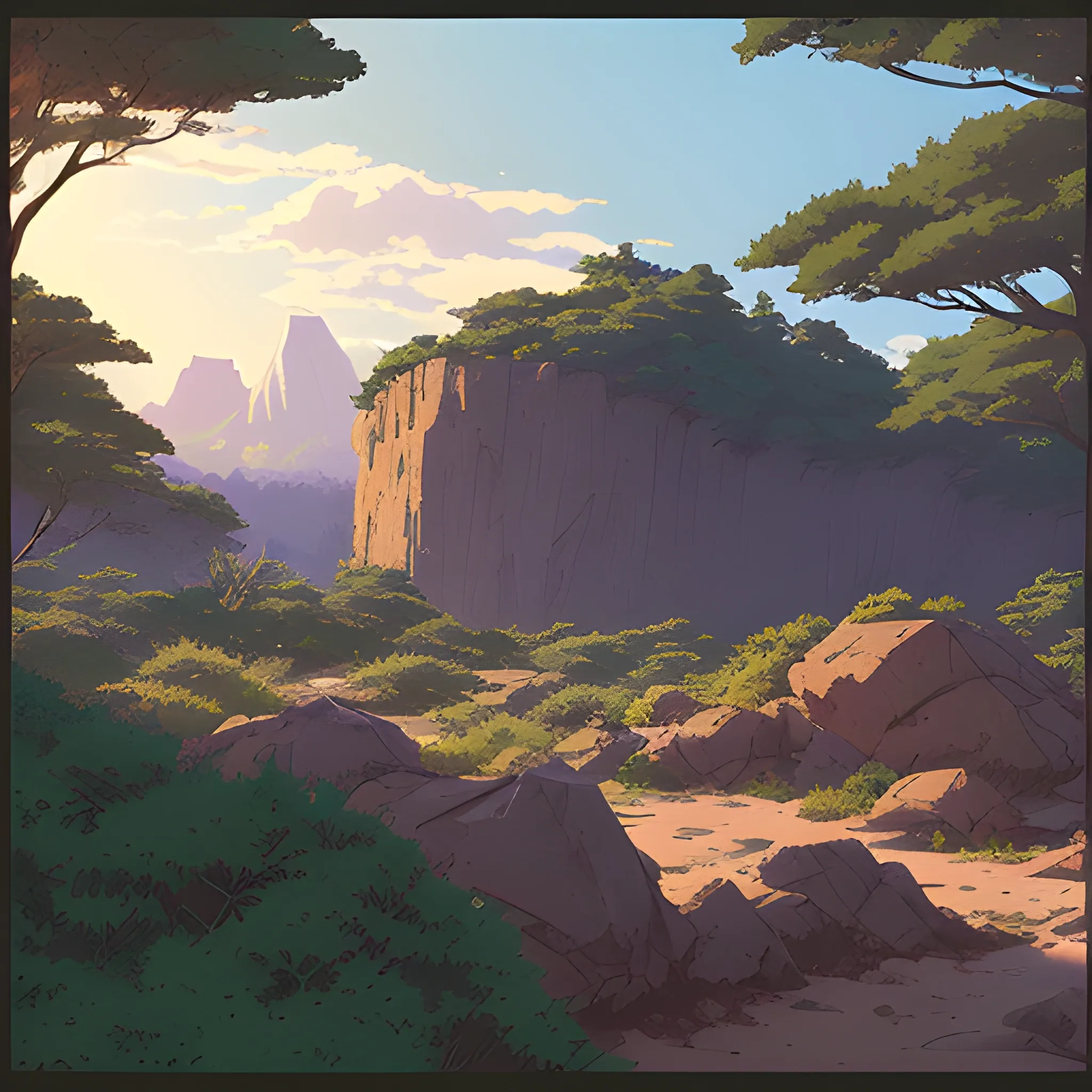 horizontal view with bush and rocks... in the style of makoto shinkai and greg rutkowski and albert bierstadt and james gurney, Cartoon