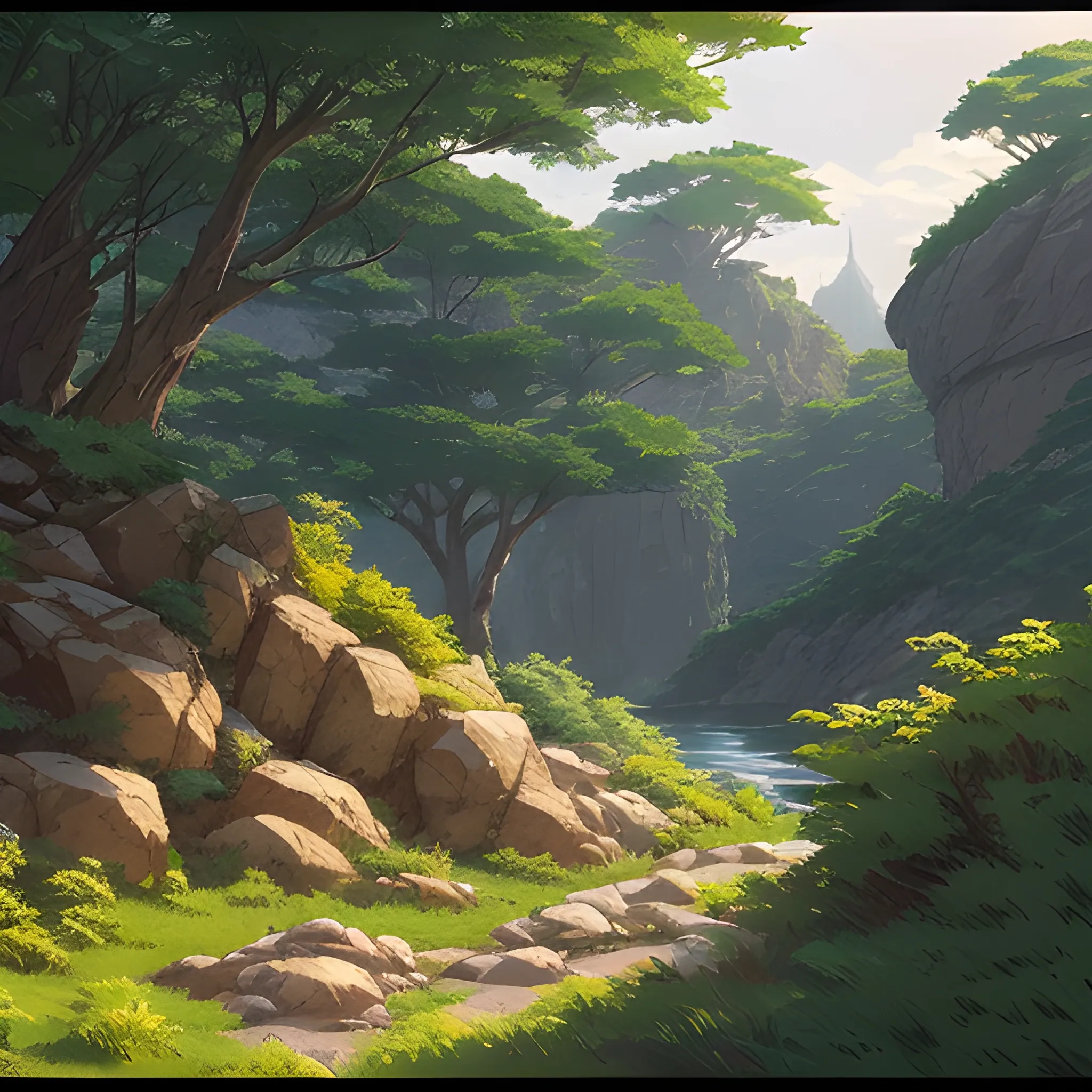 horizontal view with bush and rocks... in the style of makoto shinkai and greg rutkowski and albert bierstadt and james gurney, Cartoon