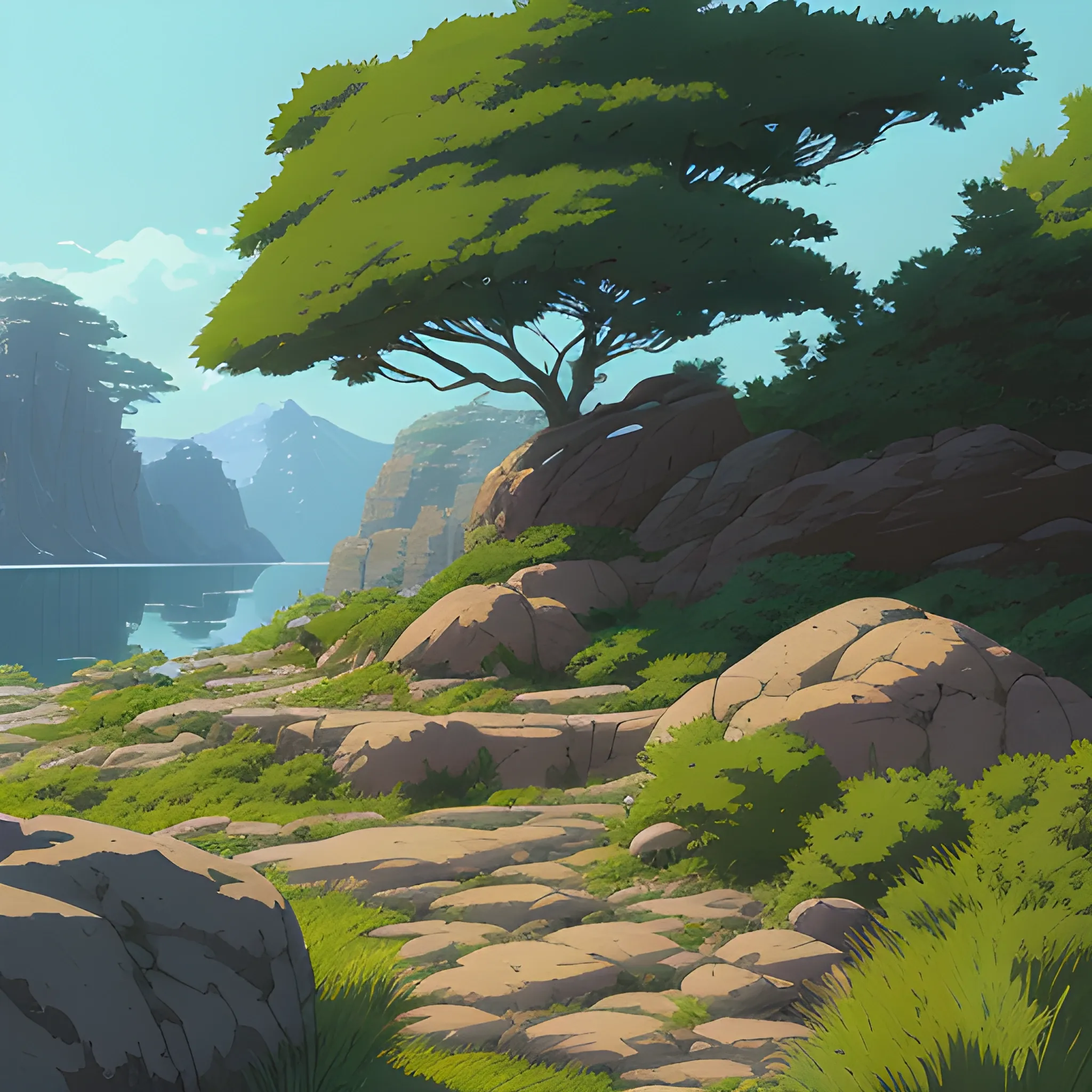 horizontal view with bush and rocks... in the style of makoto shinkai and greg rutkowski and albert bierstadt and james gurney, Cartoon