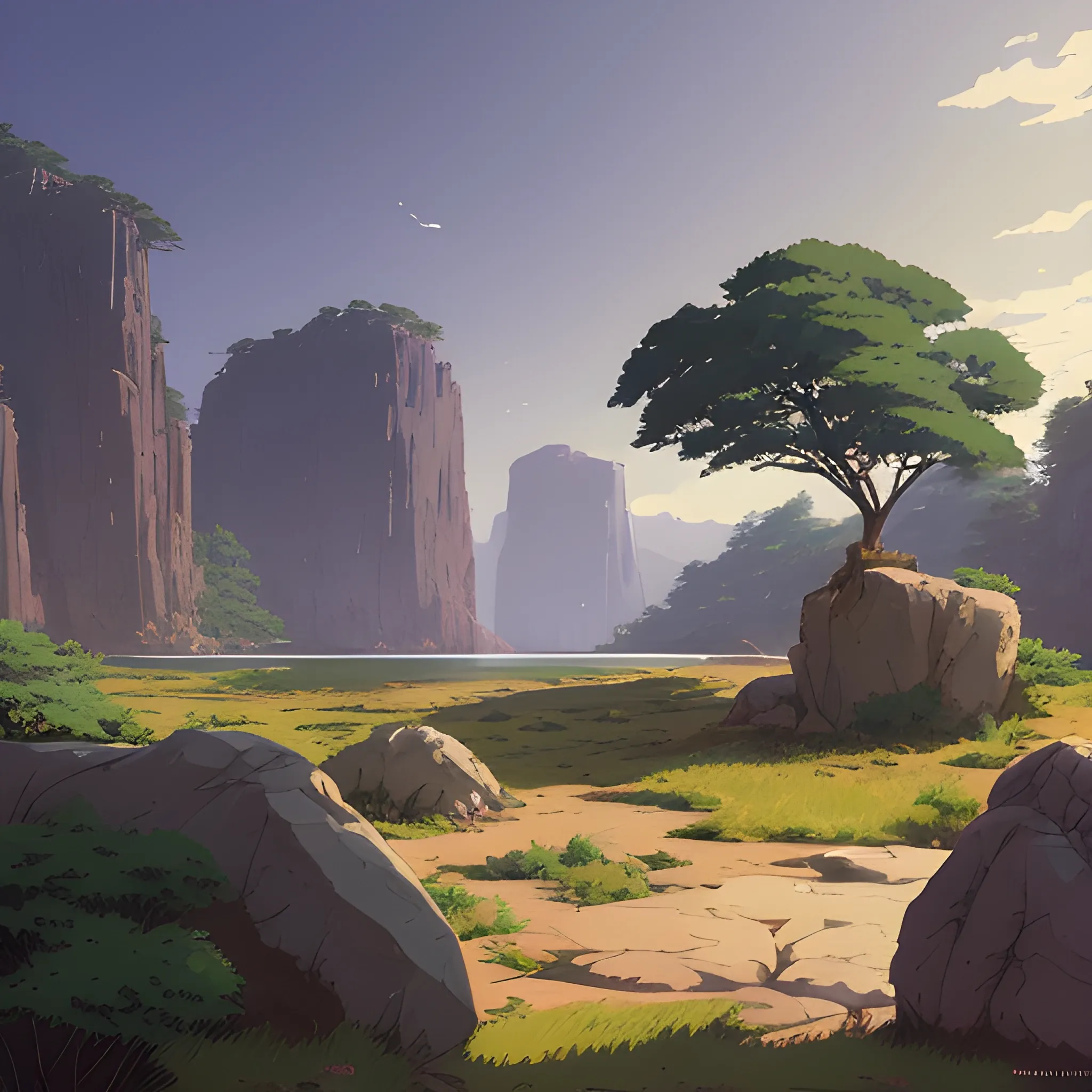 horizontal view with bush and rocks... in the style of makoto shinkai and greg rutkowski and albert bierstadt and james gurney, Cartoon