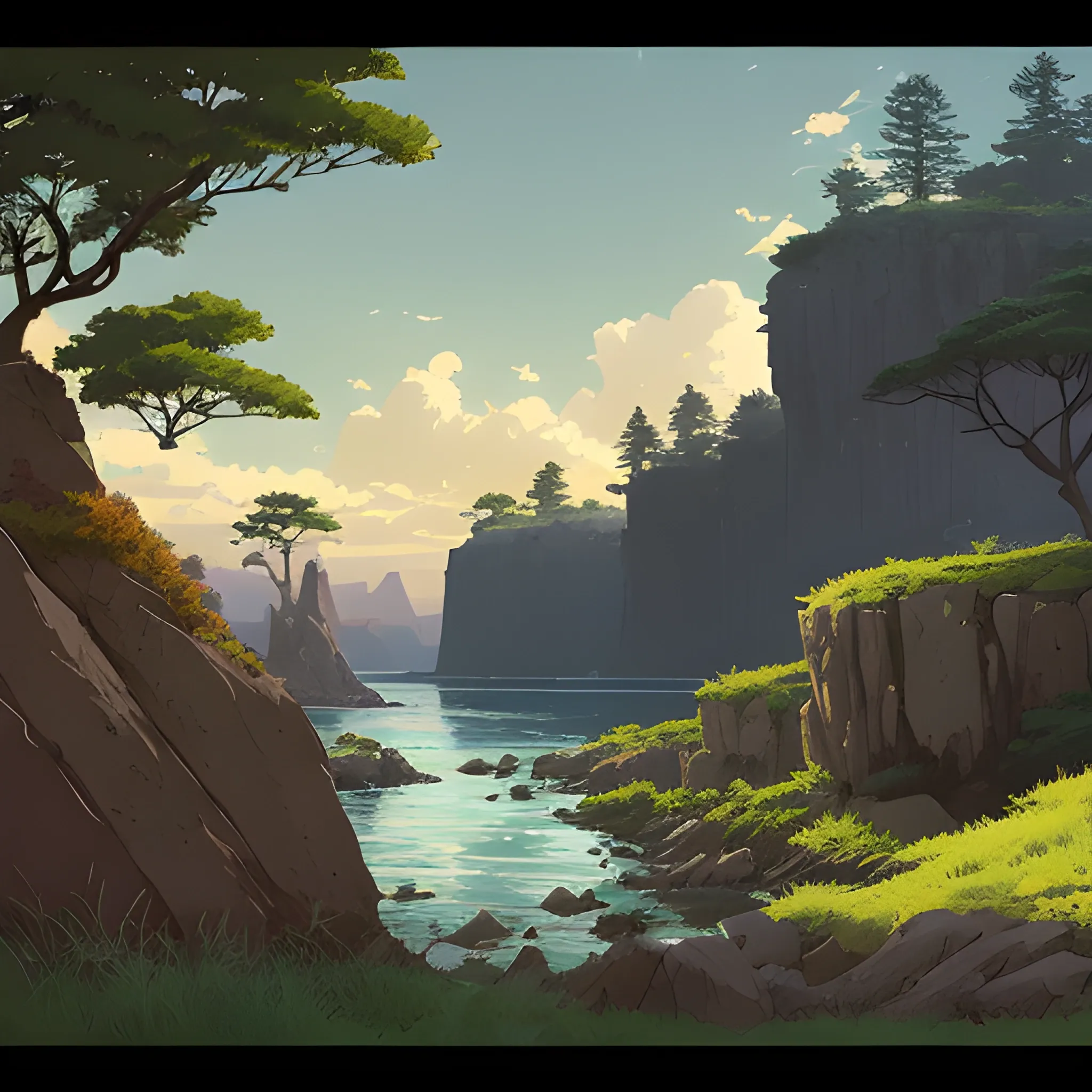 horizontal view with bush and rocks... in the style of makoto shinkai and greg rutkowski and albert bierstadt and james gurney, Cartoon