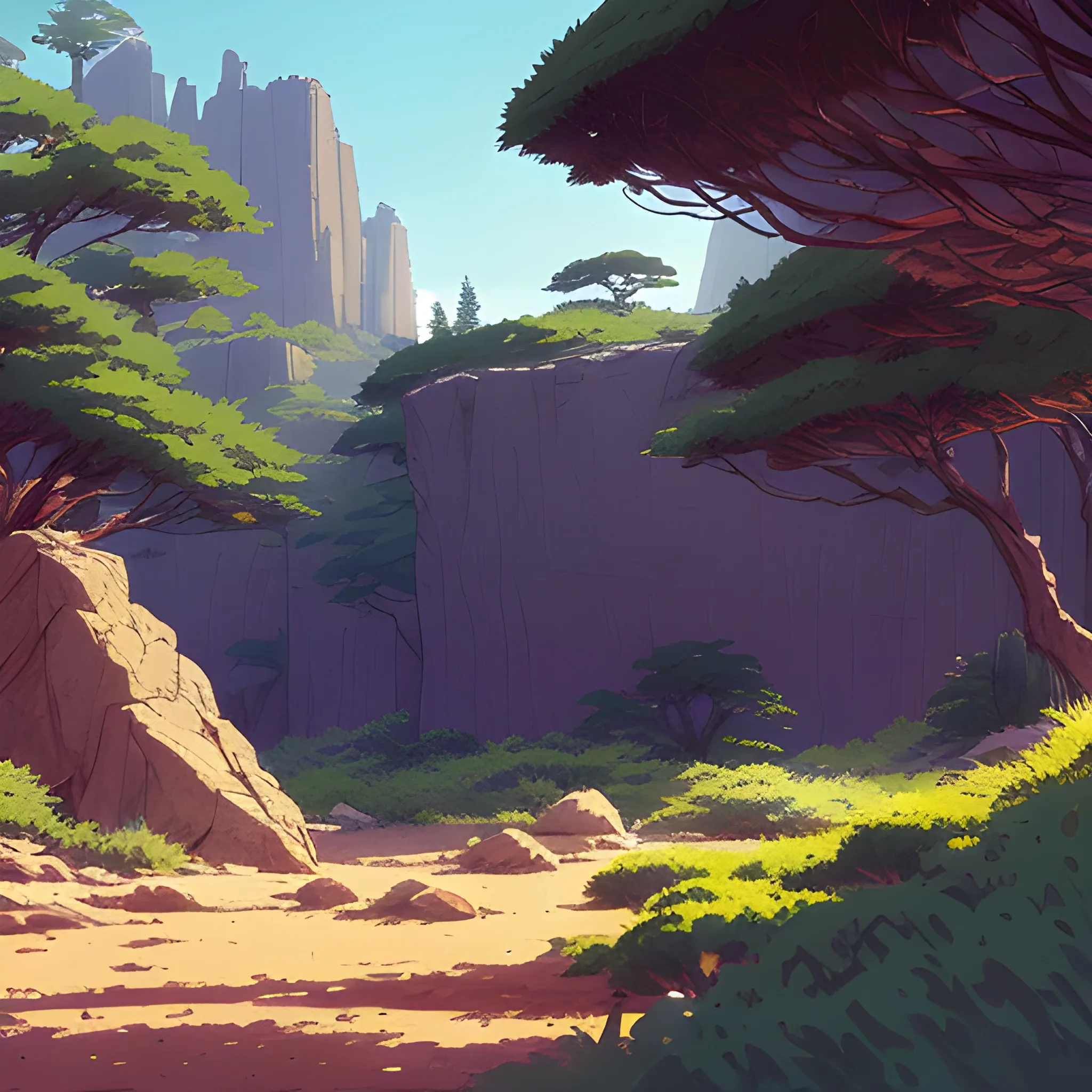 horizontal view with bush and rocks... in the style of makoto shinkai and greg rutkowski and albert bierstadt and james gurney, Cartoon