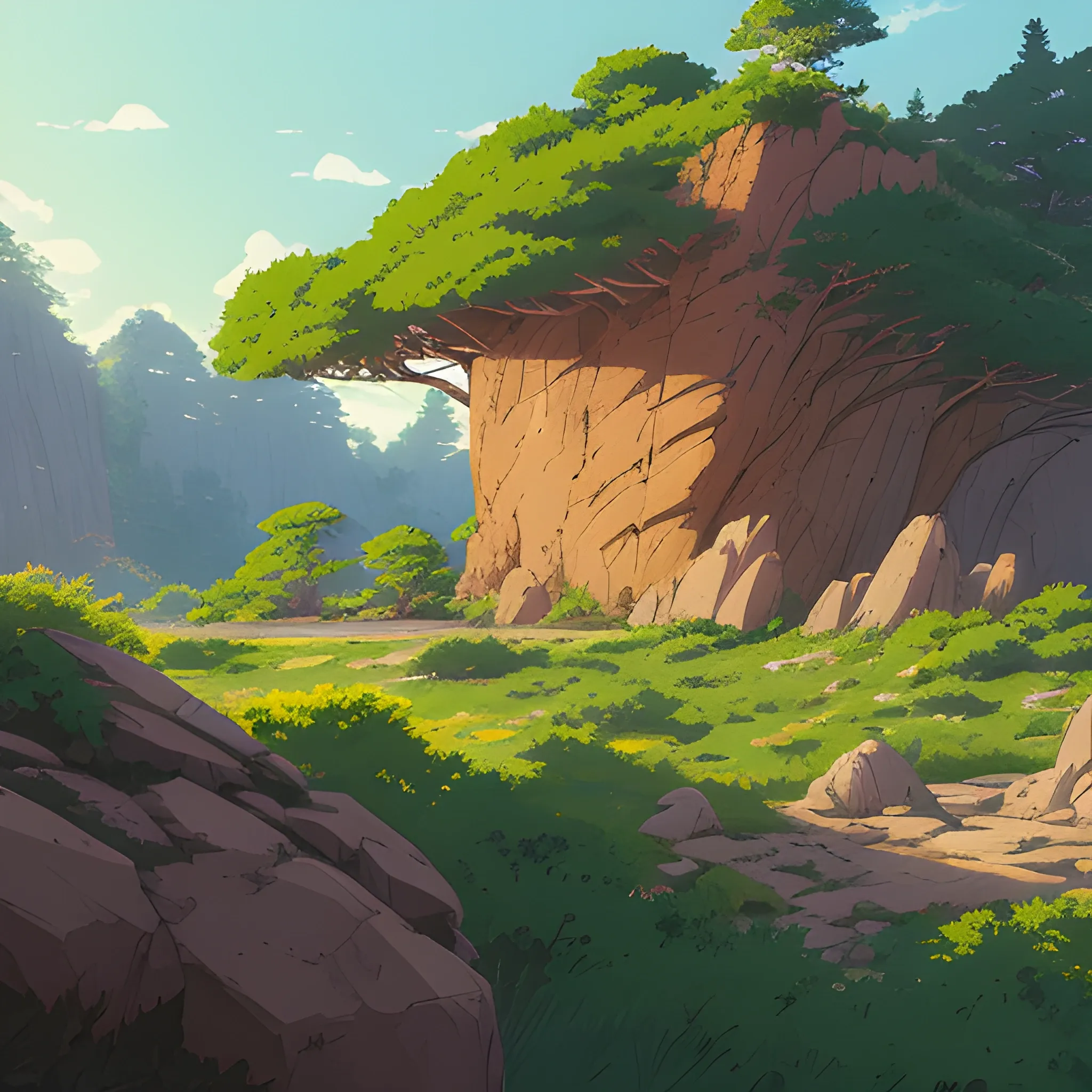 horizontal view with bush and rocks... in the style of makoto shinkai and greg rutkowski and albert bierstadt and james gurney, Cartoon