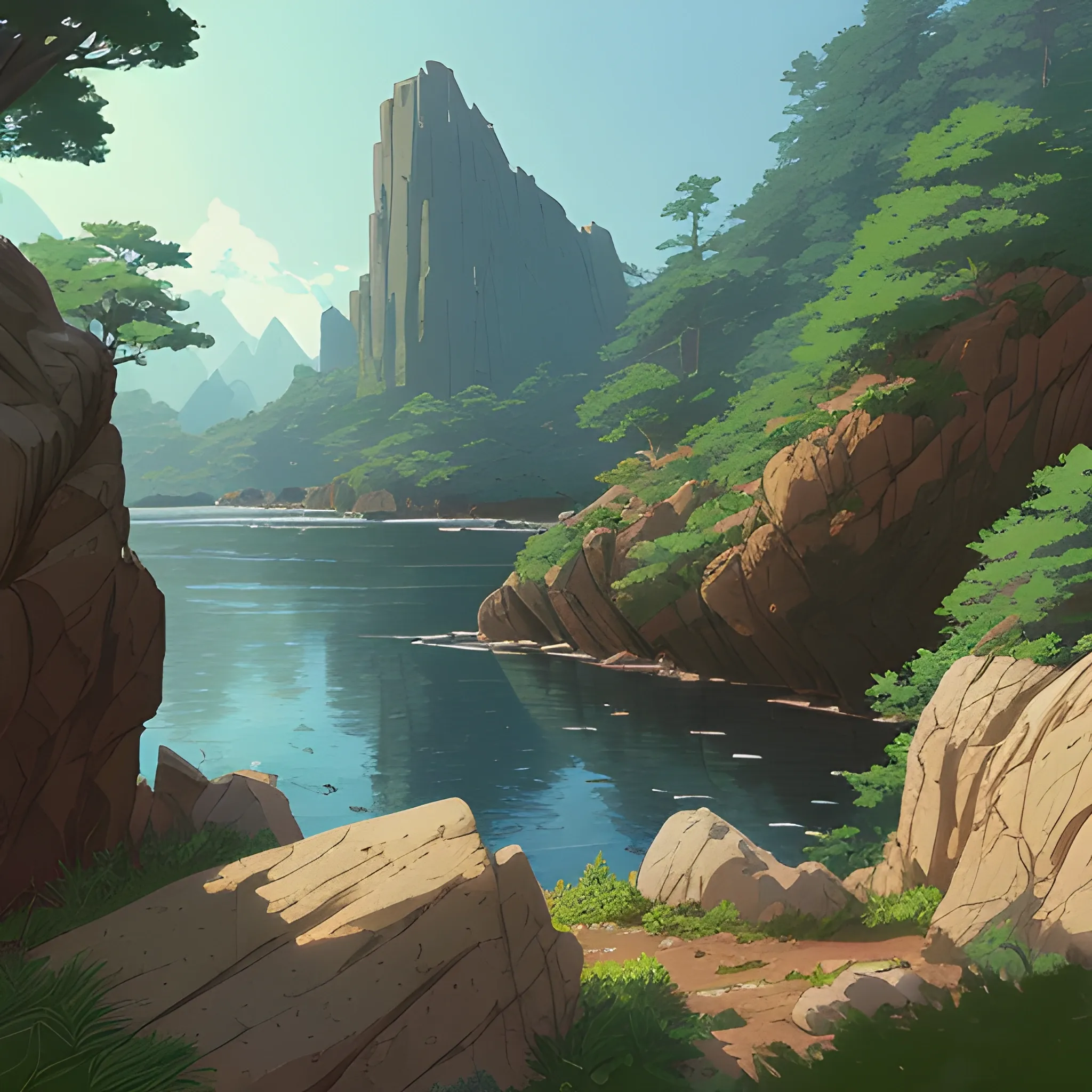 horizontal view with bush and rocks... in the style of makoto shinkai and greg rutkowski and albert bierstadt and james gurney, Cartoon