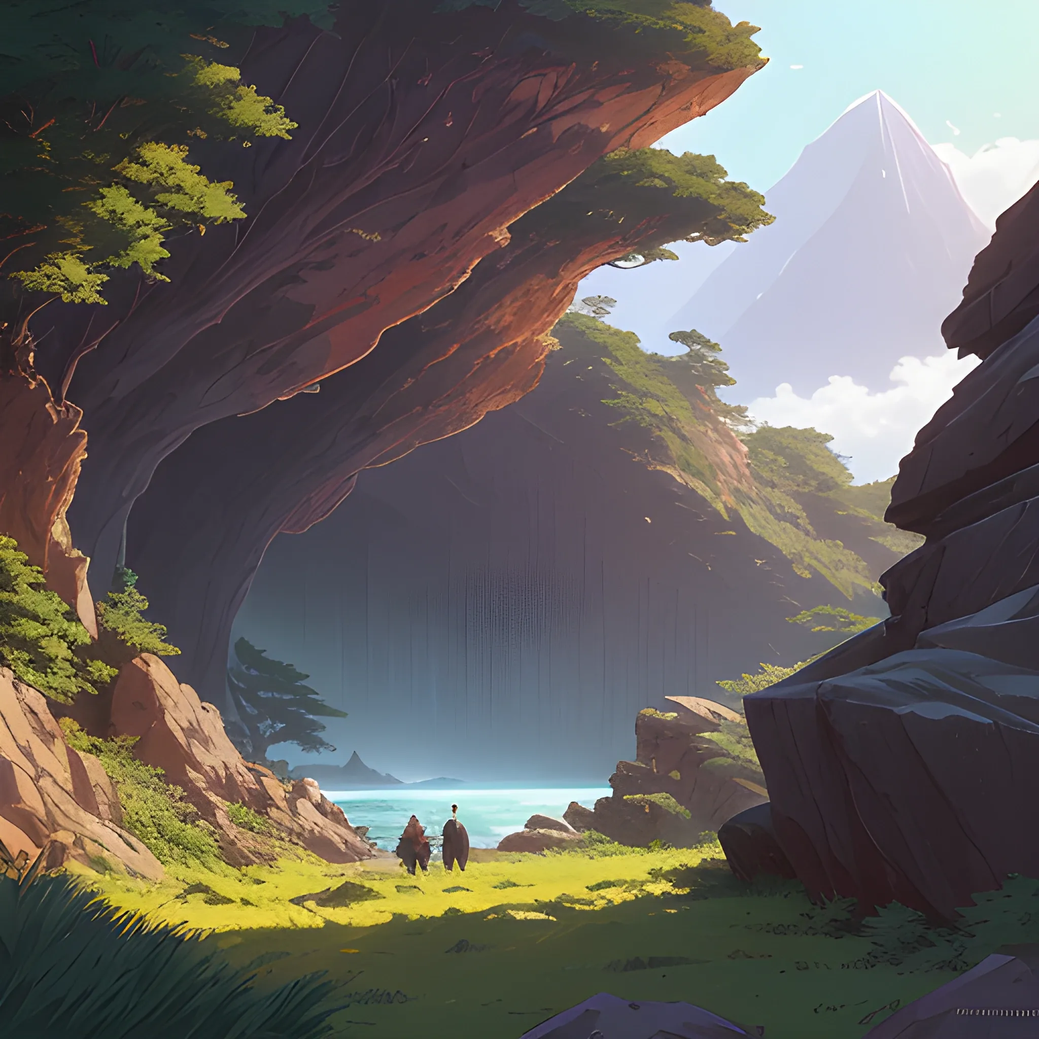 horizontal view with bush and rocks... in the style of makoto shinkai and greg rutkowski and albert bierstadt and james gurney, Cartoon