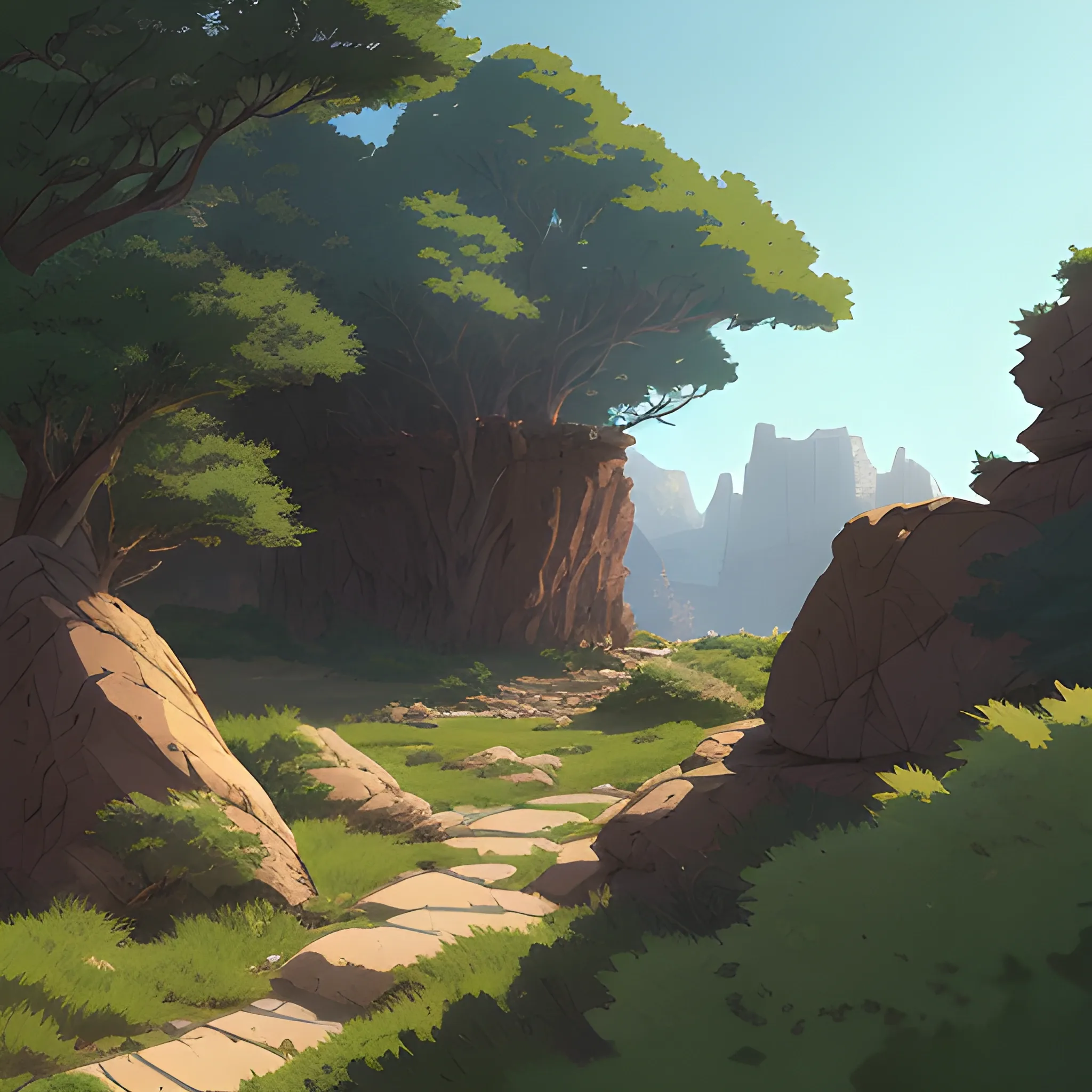 horizontal view with bush and rocks... in the style of makoto shinkai and greg rutkowski and albert bierstadt and james gurney, Cartoon