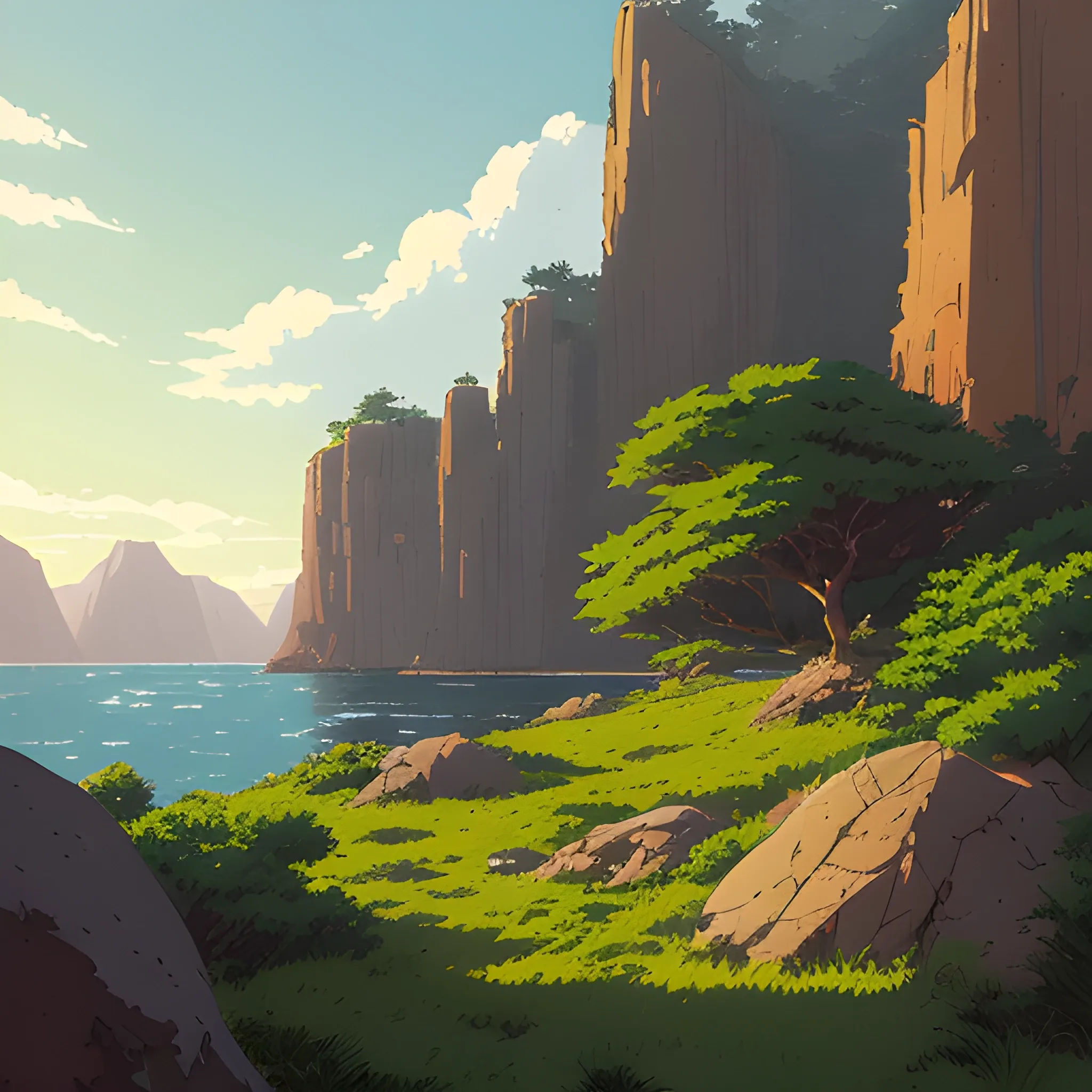 horizontal view with bush and rocks... in the style of makoto shinkai and greg rutkowski and albert bierstadt and james gurney, Cartoon