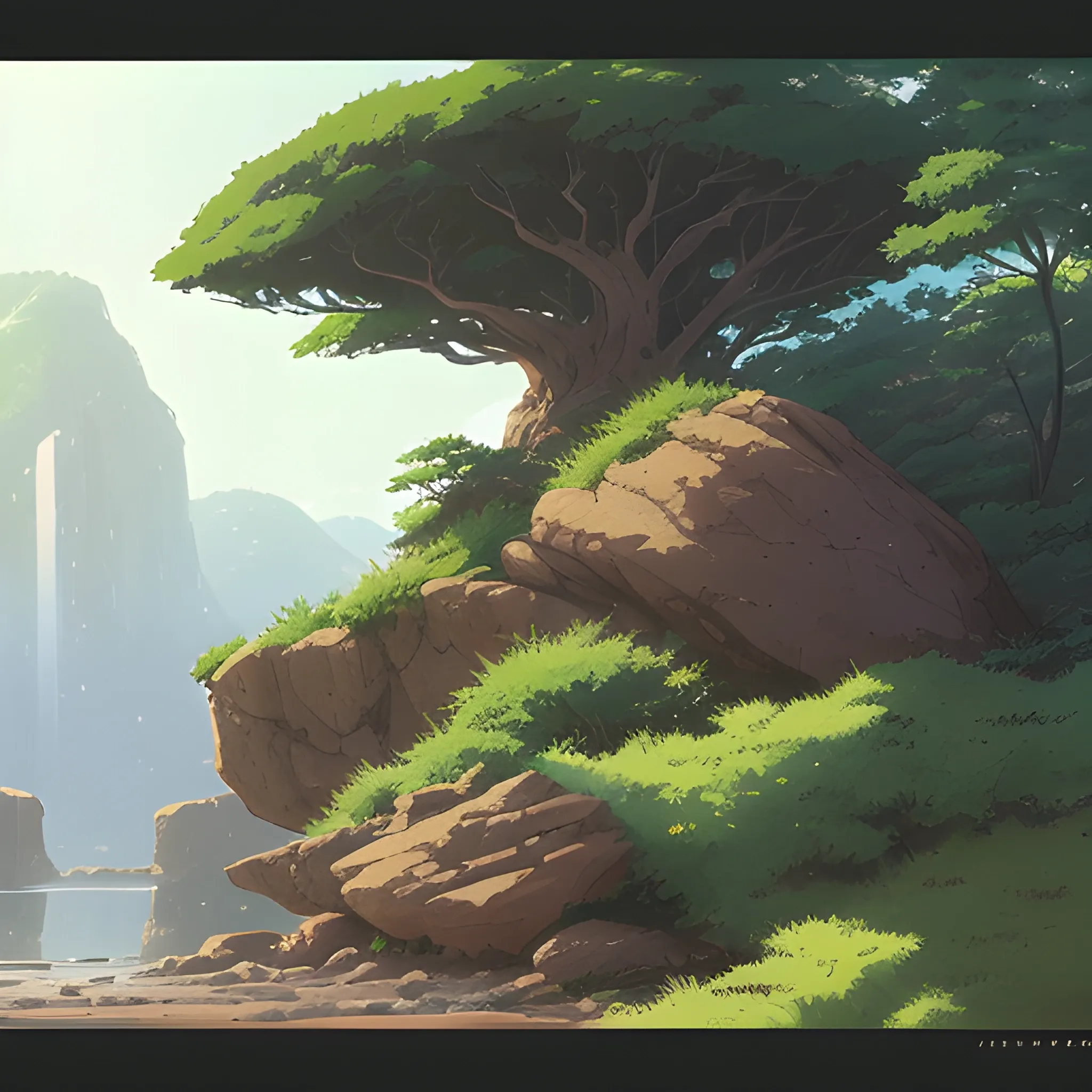 horizontal view with bush and rocks... in the style of makoto shinkai and greg rutkowski and albert bierstadt and james gurney, Cartoon