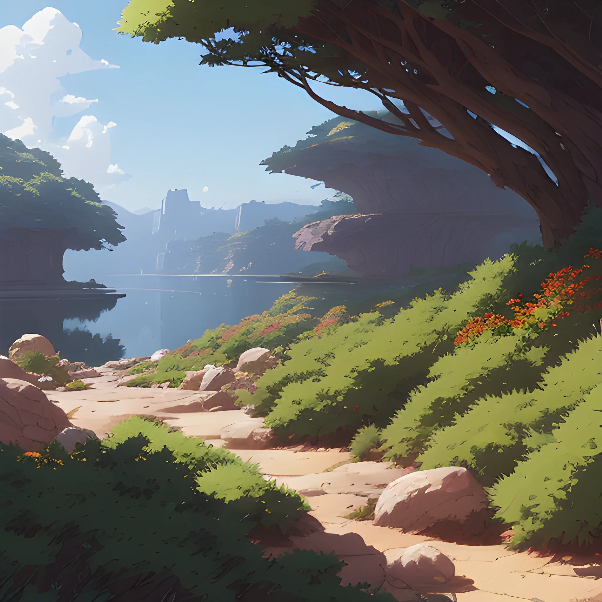 horizontal view with bush and rocks... in the style of makoto shinkai and greg rutkowski and albert bierstadt and james gurney, Cartoon