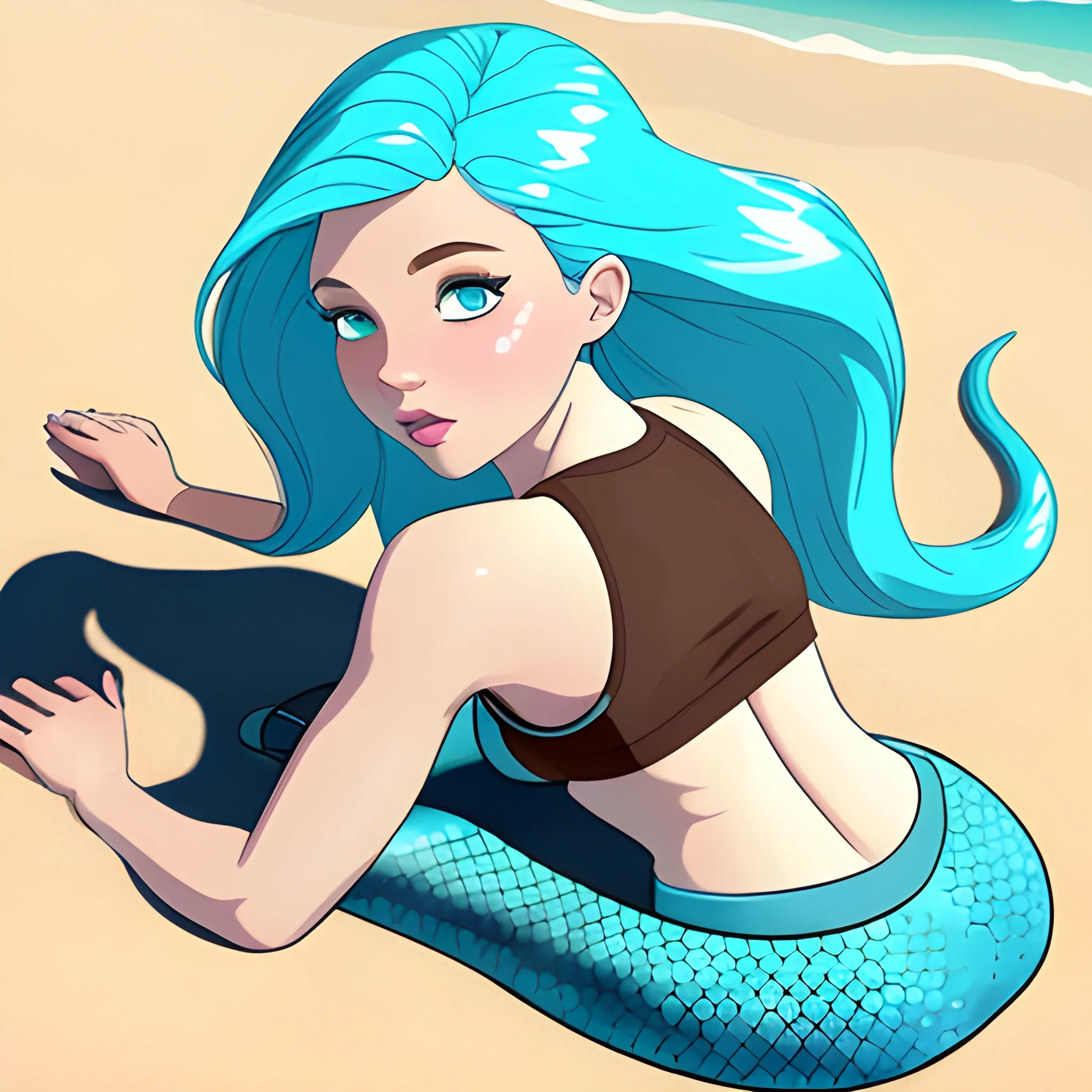 white female, giant, brown hair, blue lips, cyan sports bra, blue mermaid tail, laying on sand, Cartoon