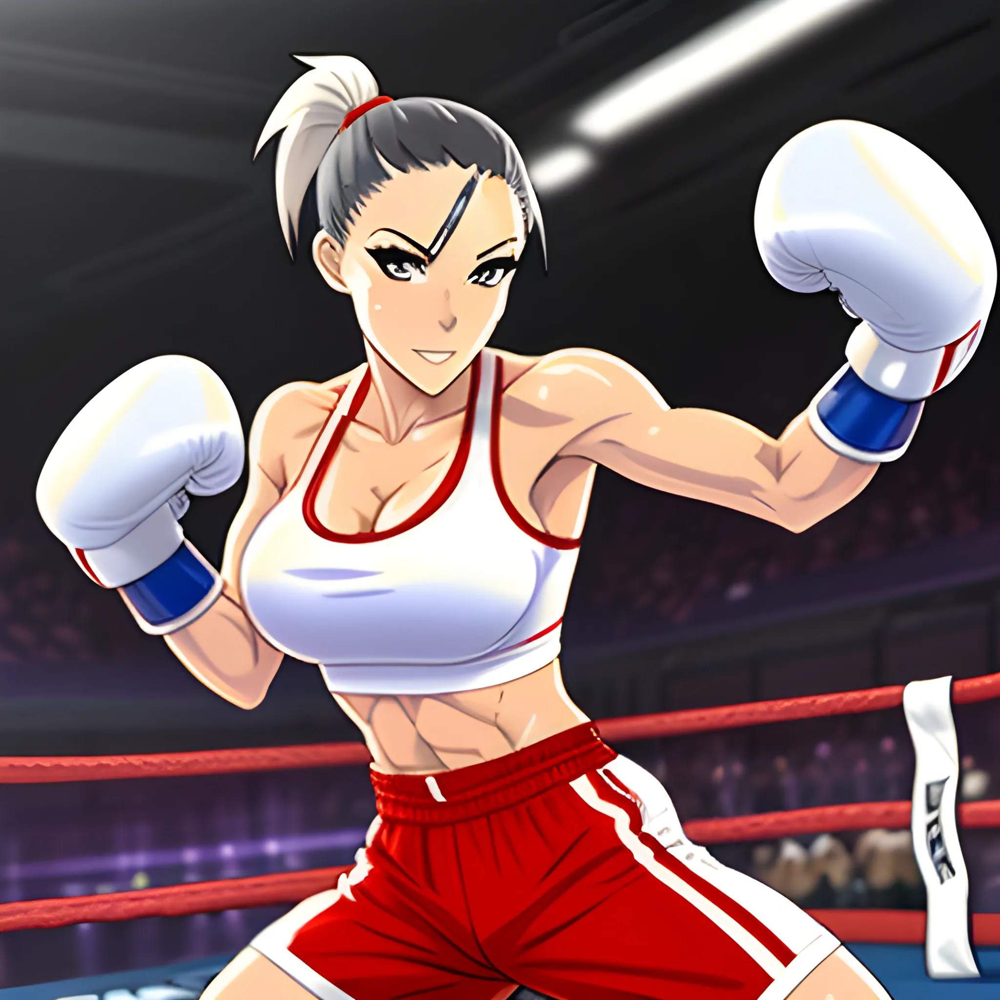 tan female, white ponytail, young face, white sports bra, white and red pants, red boxing gloves, kickboxer, kicking sandbag, cartoon, anime