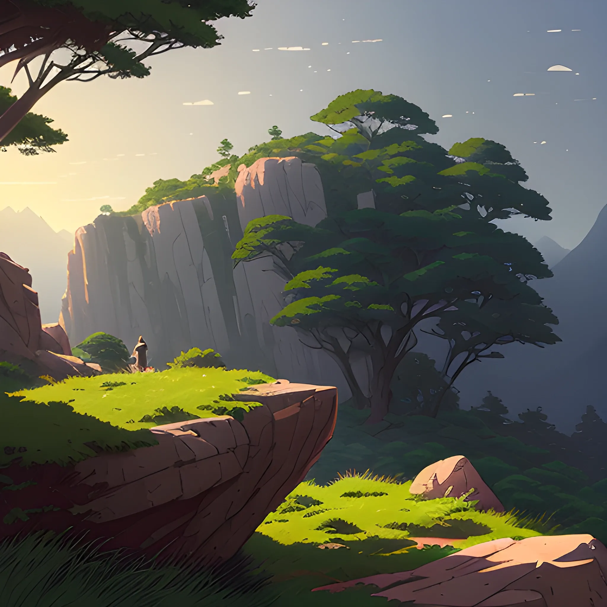 horizontal view with bush and rocks... in the style of makoto shinkai and greg rutkowski and albert bierstadt and james gurney, Cartoon